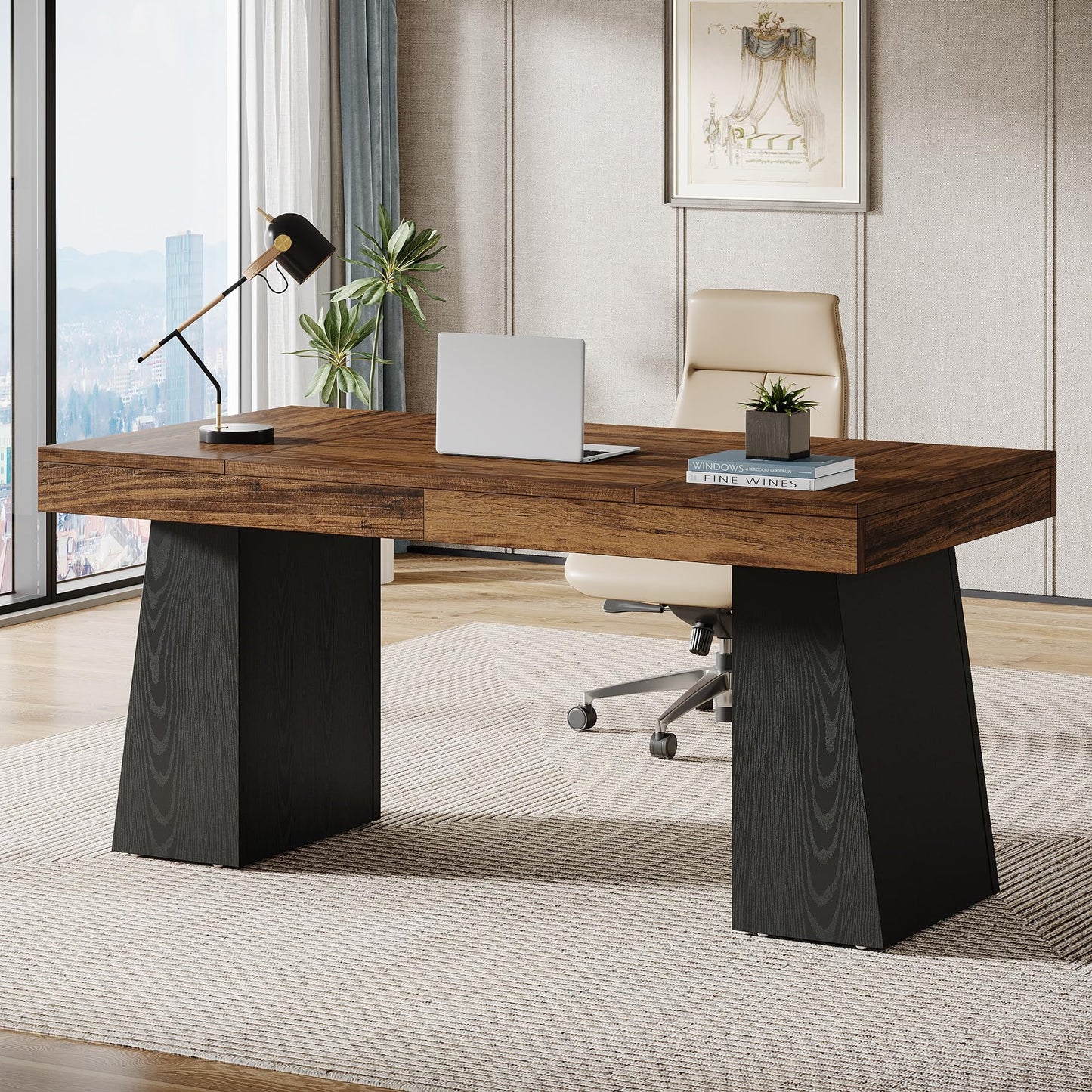 Tribesigns 55 Inches Executive Desk, Mid-Century Modern Home Office Desk, Wood MDF Computer Table Business Workstation Small Conference Table, Light Brown