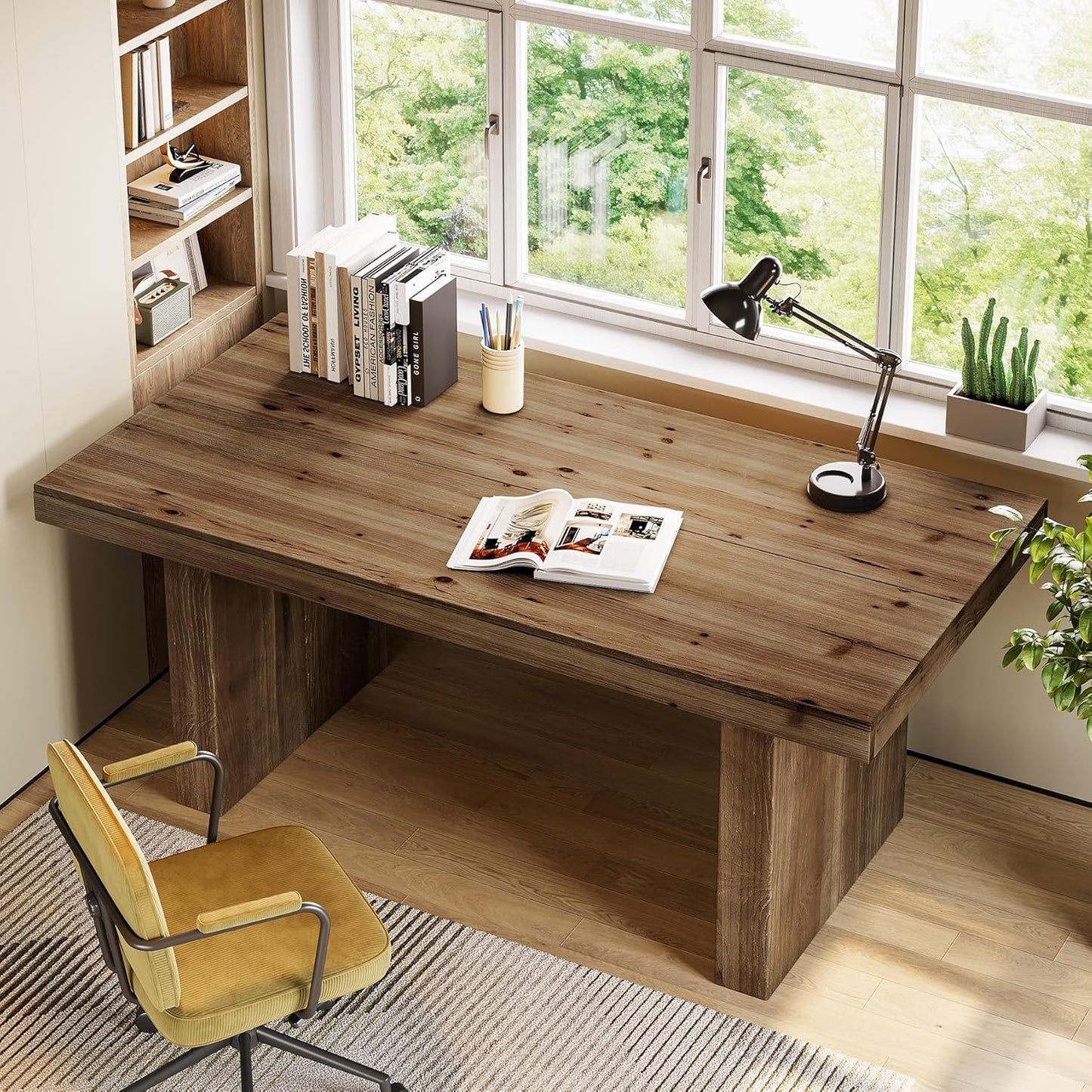63" Solid Wood Home Office Desk, Farmhouse Large Executive Computer Desk with Sturdy Wooden Legs, Study Writing Table Business Workstation with Spacious Tabletop, Rustic Dark Brown