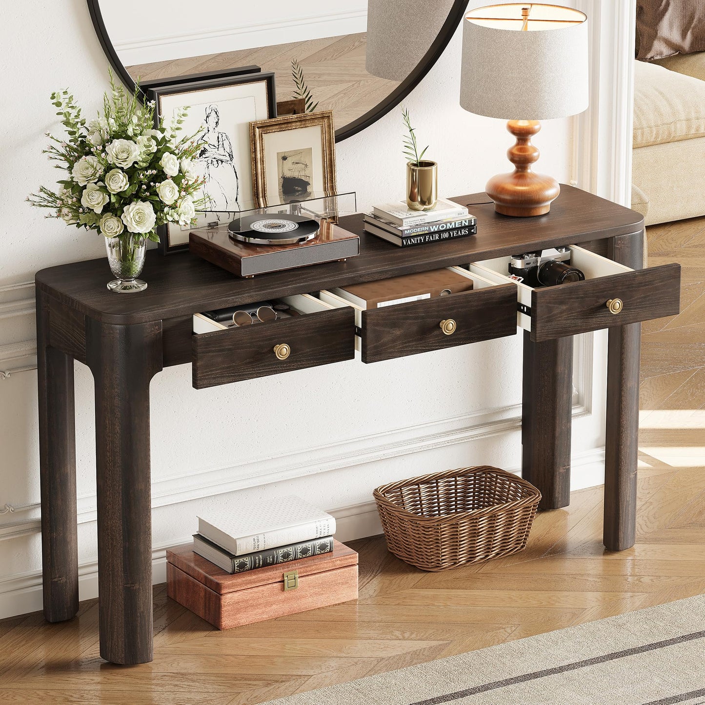LKTART Solid Wood Console Table Sofa Tables with Drawers and Shelves Small Entryway Table for Living Room,Behind the Couch Table,Foyer(42" Espresso)