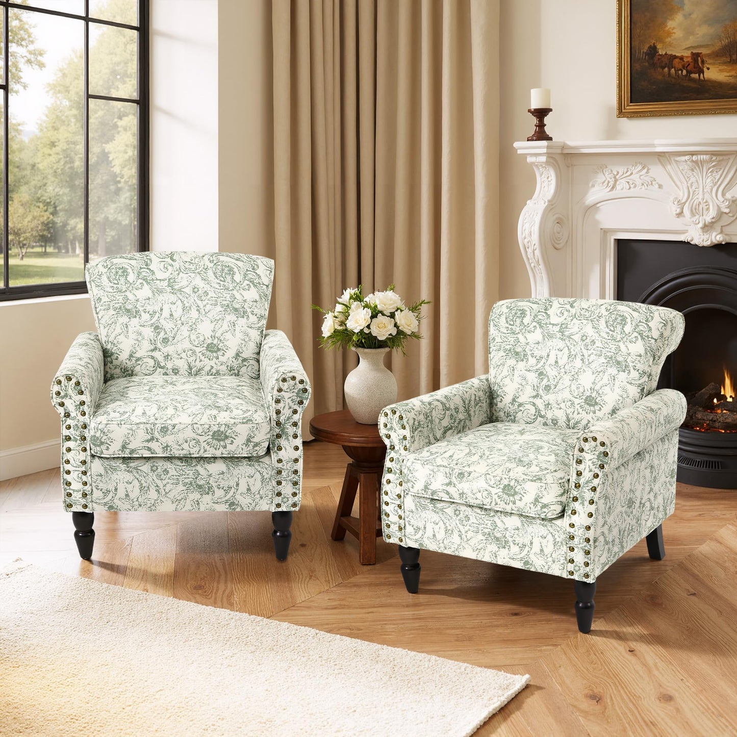 Wingback Accent Chairs Set of 2, Mid-Century Modern Upholstered Armchair Living Room Chair with Nailhead Trim & Rolled Armrest, Comfy Lounge Chair Single Sofa Chair for Bedroom, Light Blue