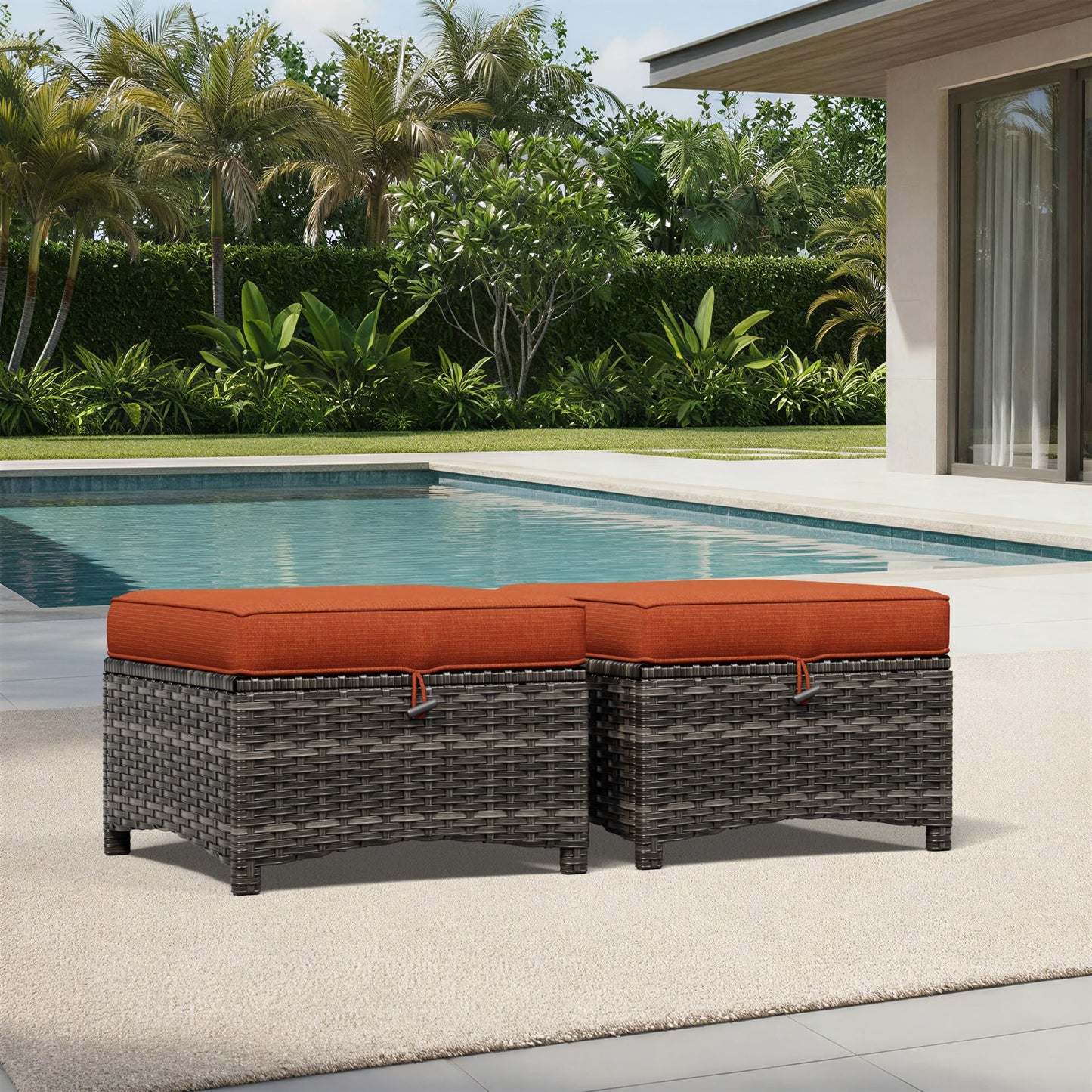Joyside Outdoor Ottoman Set of 2, Patio Large Ottoman Foot Rest with Thickened Cushions, Outdoor Wicker Foot Stool for Porch, Deck Use