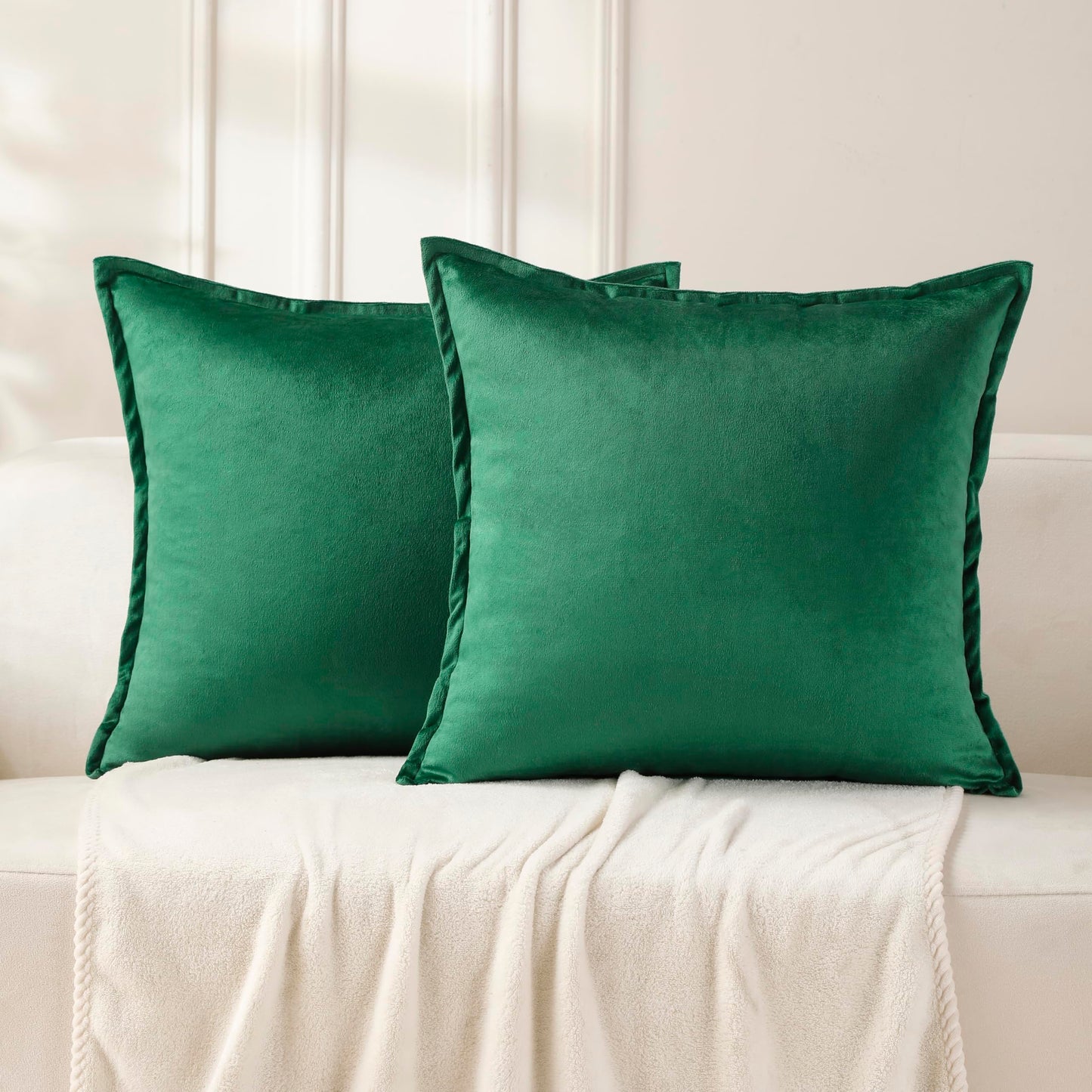 VAKADO Throw Pillow Covers 18x18 Set of 2 Olive Green Velvet Decor Decorative Couch Cushion Euro Xmas Pillowcases with Fringe Home Bed Decoration for Sofa Bedroom Office