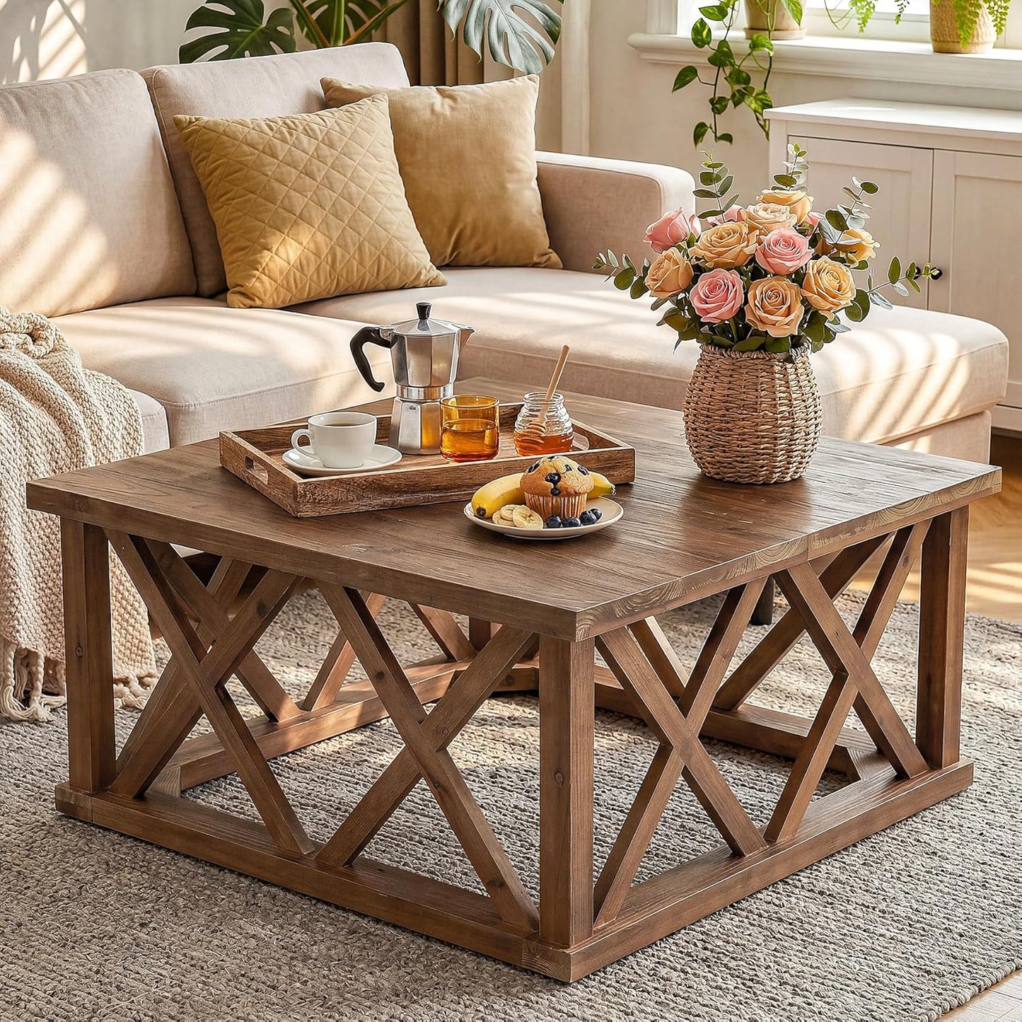 Solid Wood Coffee Table, 39.37-Inch Square Center Table with Reinforced X-Frame & Sturdy Base, Farmhouse Low Cocktail Tea Table for Living Room, Apartment, Office, Easy Assembly, Brown