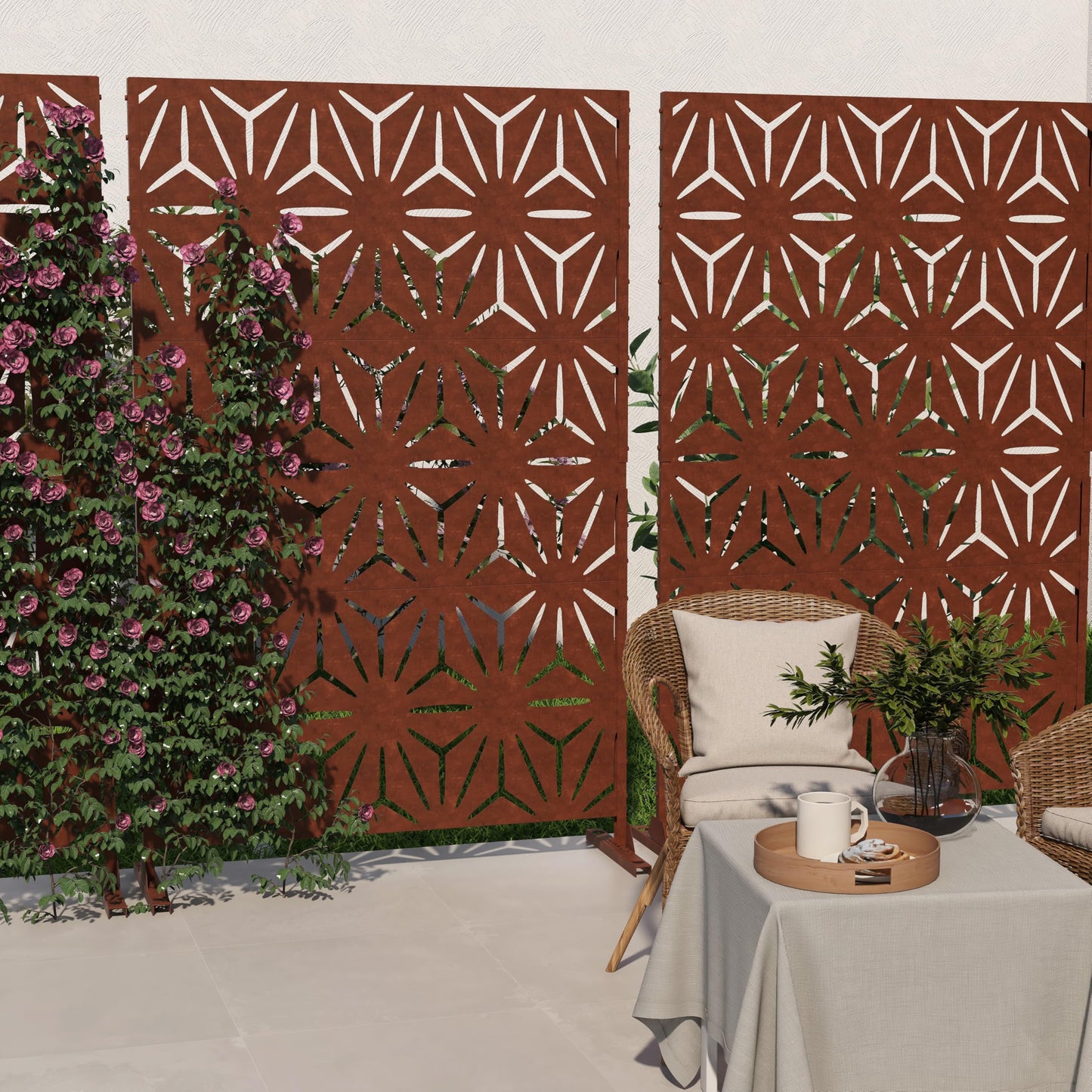 Outdoor Metal Privacy Screen with Stand, 72" H x 47" W Freestanding Outdoor Patio Divider, Decorative Patio Privacy Fence Panel for Garden Backyard Balcony Porch (Brown-Crossbanding)