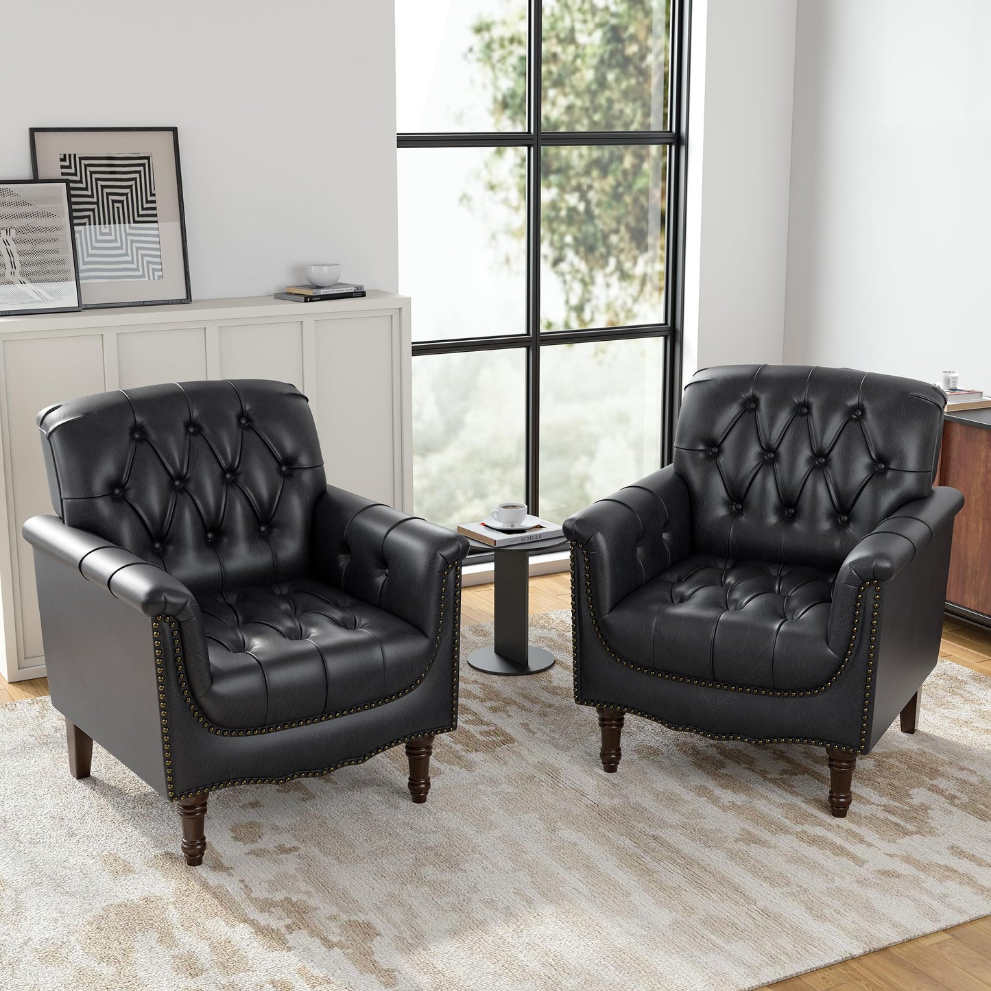 Faux Leather Club Chair, Retro Upholstered Armchair Accent Chair with Solid Wood Legs & Nailhead Trim for Living Room, Bedroom, Reading Room, Camel