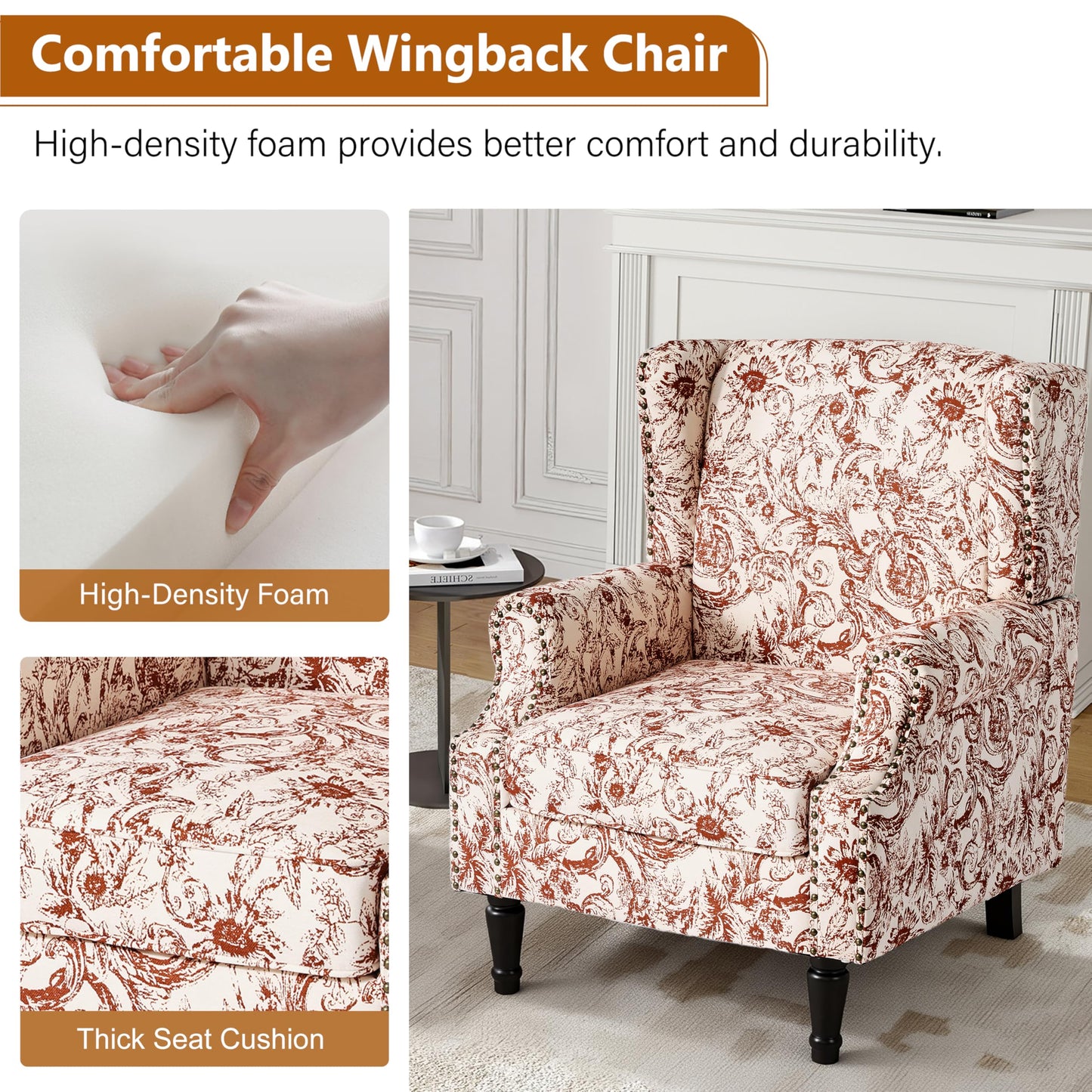 Floral Wingback Accent Chair, High Back Upholstered Armchair, Comfy Fabric Wingback Arms Chairs with Solid Wood Legs, Single Sofa Reading Chair for Bedroom Living Room, Beige
