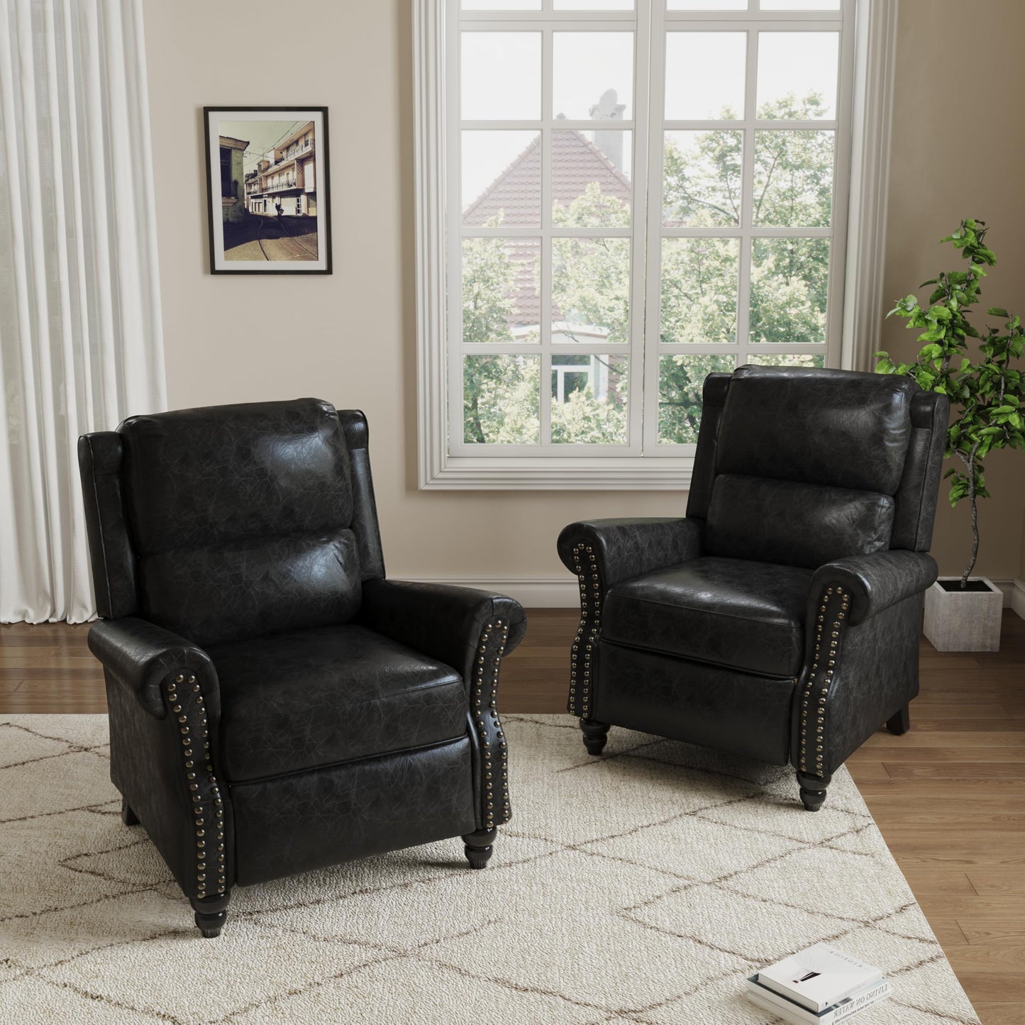 Pushback Recliner Chairs Set of 2, Comfy Fabric Wingback Recliner Chair, Upholstered Armchair Push Back Recliner with Wood Legs, Rivet Trim Accent Chair for Living Room, Bedroom, Blue Stripe