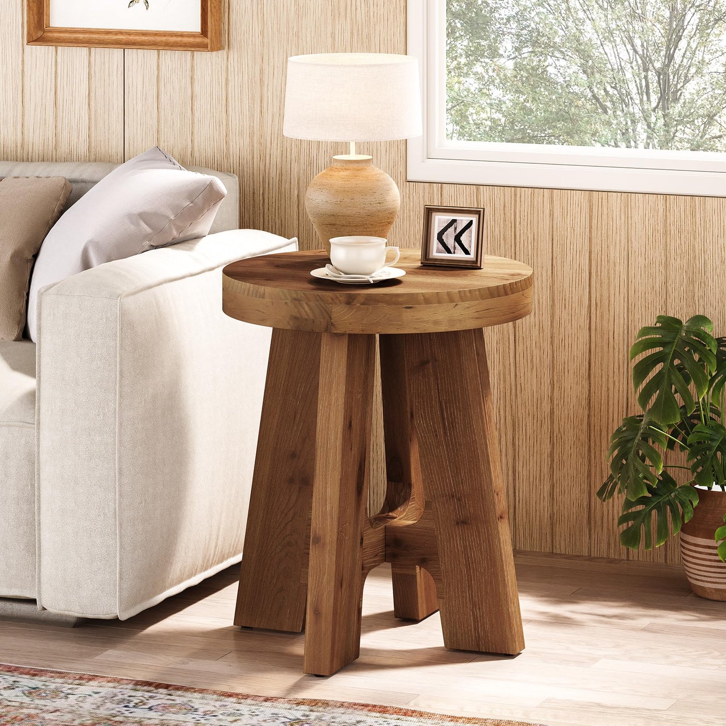 Set of 2 Round End Table, Farmhouse Solid Wood Side Table for Couch, Mid Century Modern Side Table with Heavy-Duty Leg, Wood Bedside Table for Bedroom, Small Spaces, Walnut