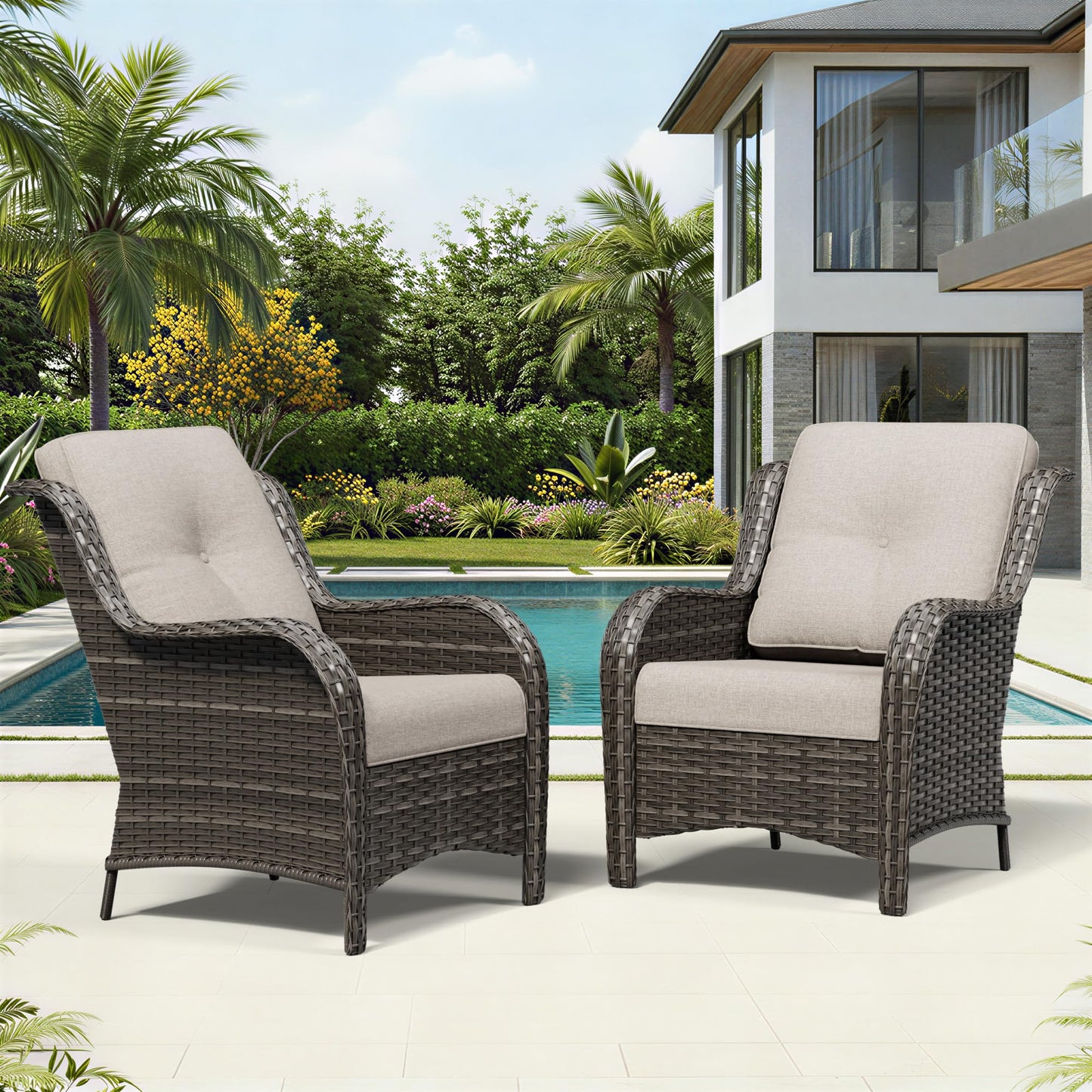 Joyside Patio Chairs Set of 2, Wicker Patio Furniture with High Back, Deep Seating, Wide Armrest, Thickened Cushions, Outdoor Rattan Furniture for Deck, Porch Use