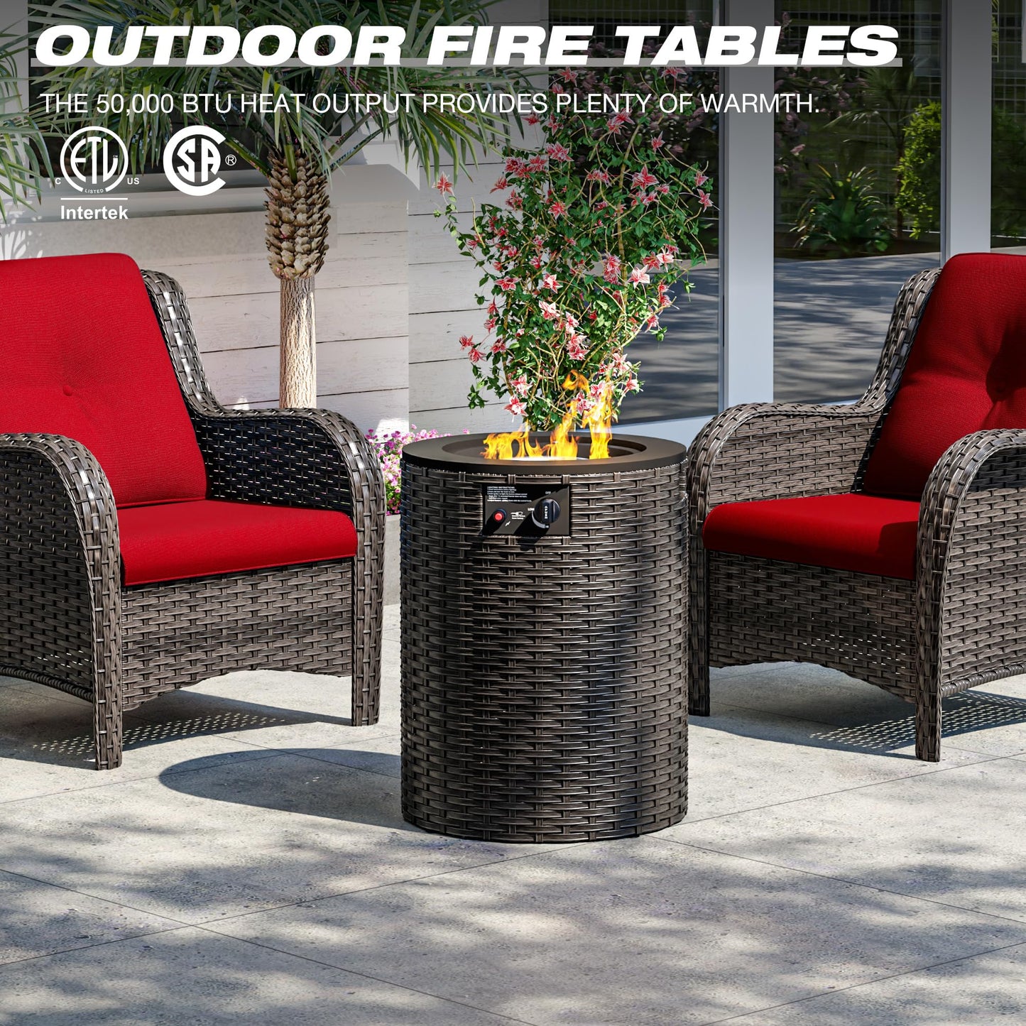 Joyside Patio Furniture Set with Fire Pit Table, 3 Piece Outdoor Wicker Conversation Sets with High Back, Thickened Cushions, Rattan Sectional for Porch, Lawn Use (Red)