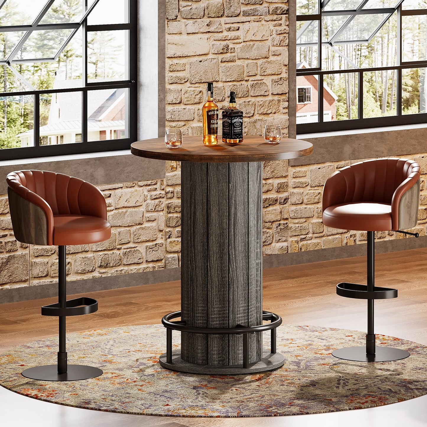 Tribesigns Round Bar Table, 39.4" H Wood Bistro Pub Table with Metal Ring Footrest for Dining Coffee Cocktail Living Room, Small Space, Black (Only Table)