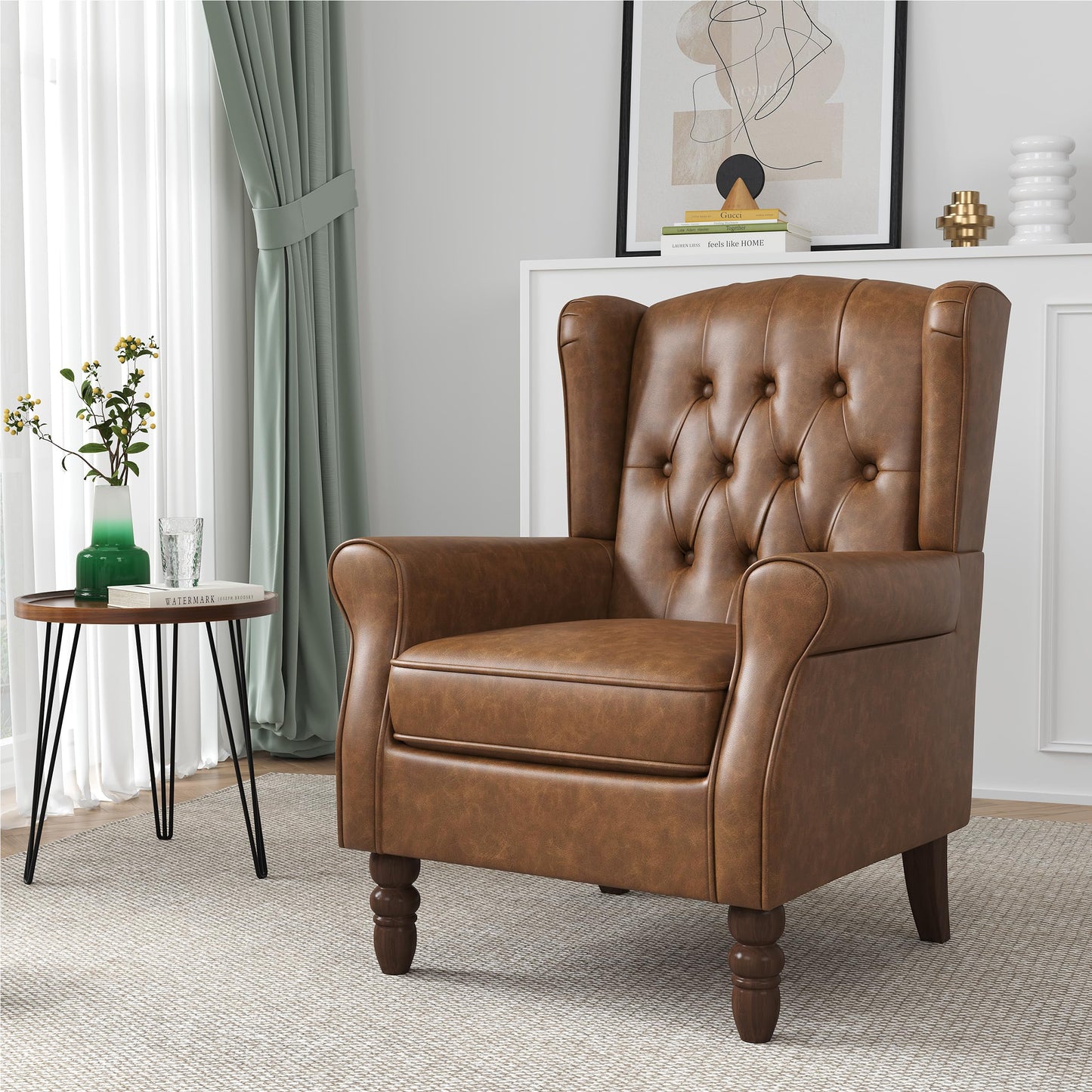 Faux Leather Wingback Chairs Set of 2, High Back Accent Chair for Living Room, Button-Tufted Upholstered Armchair with Solid Wood Legs, Comfy Reading Chair for Bedroom, Brown