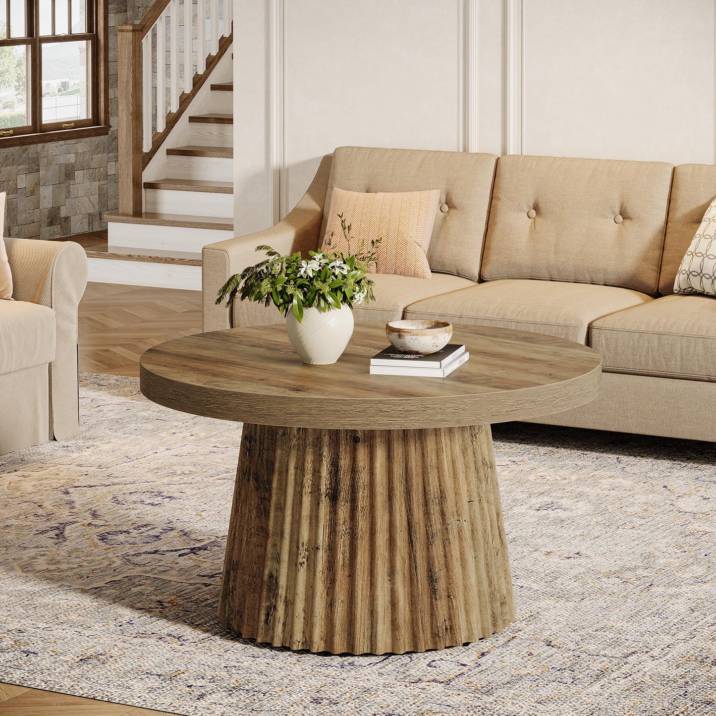 Tribesigns Coffee Table, 31.5" Small Farmhouse Round Coffee Tables with Fluted Drum Base, Mid Century Modern Boho Accent Center Table for Living Room, Apartment, Small Space, Brown