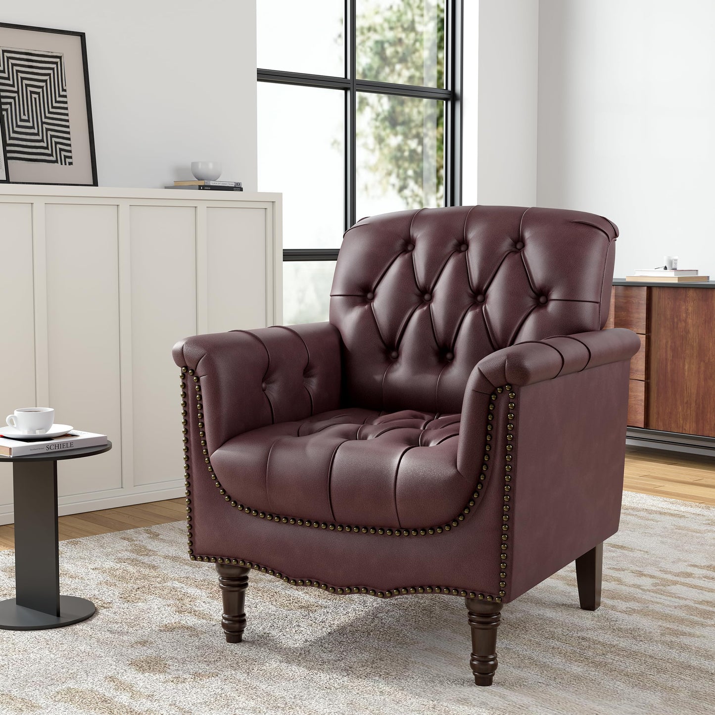 Faux Leather Club Chair, Retro Upholstered Armchair Accent Chair with Solid Wood Legs & Nailhead Trim for Living Room, Bedroom, Reading Room, Camel