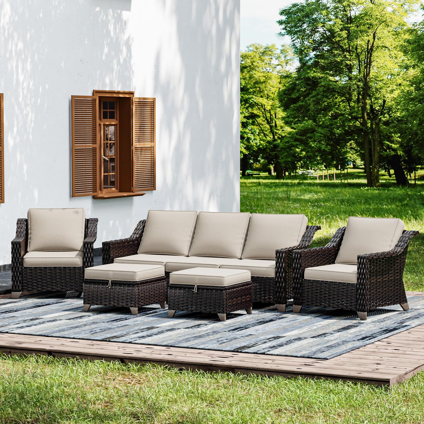 Joyside Patio Sofa - 3 Seater Rattan Sofa, All Weather High Back Sofa, Upgraded Large Size with 4inch Seat Cushions for Backyard, Garden, Poolside (Brown/Blue)