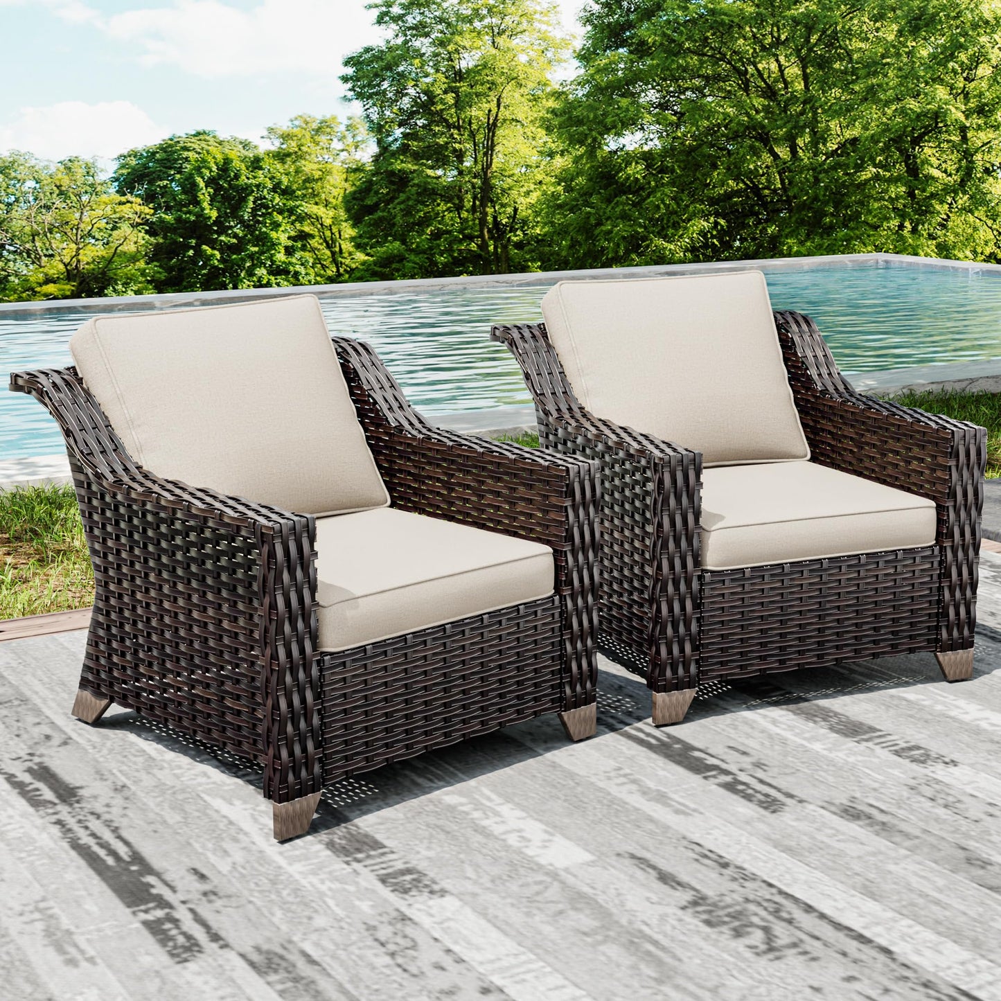 Joyside Patio Sofa - 3 Seater Rattan Sofa, All Weather High Back Sofa, Upgraded Large Size with 4inch Seat Cushions for Backyard, Garden, Poolside (Brown/Blue)