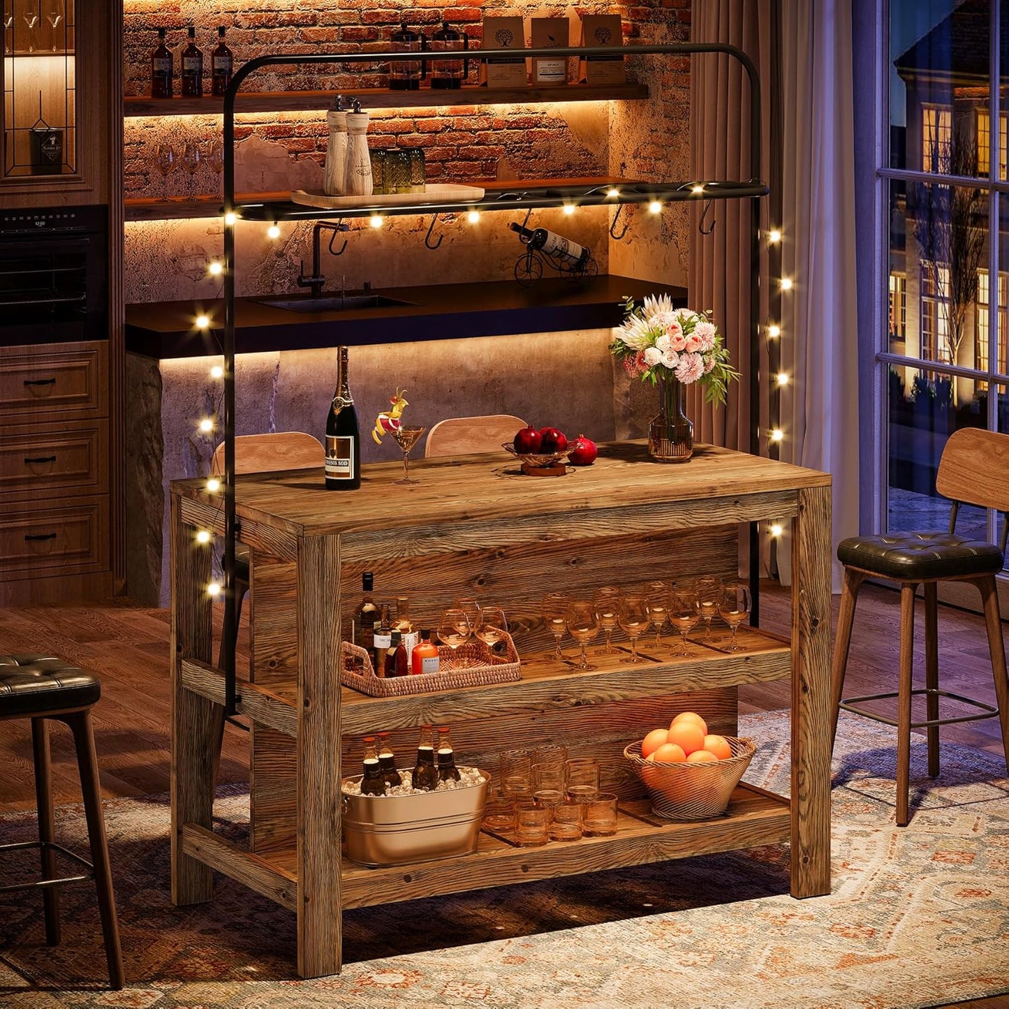 47-Inch Solid Wood Bar Table, 3-Tier Industrial Home Bar Unit with Storage Shelves, Counter Height Pub Bar Dining Table for Kitchen, Dining Room, Living Room, 5 Hooks, Rustic Brown