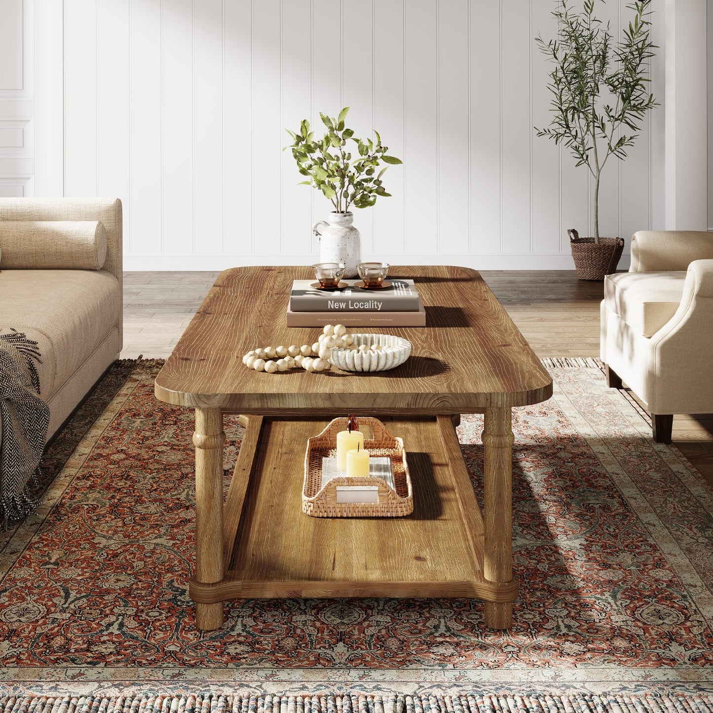47" Rectangle Coffee Table, Solid Wood Center Table with 2-Tier Storage, Modern Farmhouse Coffee Furniture for Living Room, Home & Family Room, Light Brown