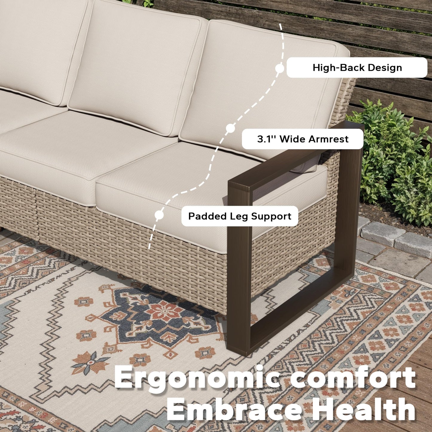 Joyside Outdoor Patio Wicker Sofa, 3-Seater Rattan Sofa with Thick Olefin Cushions and Metal Steel Rectangular Framed Armrest -Looking Metal Armrest Suitable for Garden, Backyard, Porch, Deck