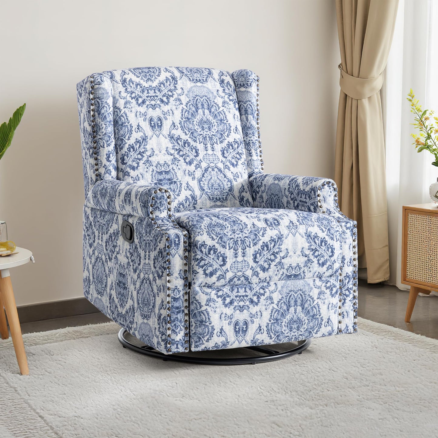 Swivel Rocker Recliner Chair, 360° Swivel Wingback Recliner Chairs for Adults, Upholstered Printed Fabric Glider Rocking Chair with High Back, Deep Seat for Living Romm Bedroom, Bird
