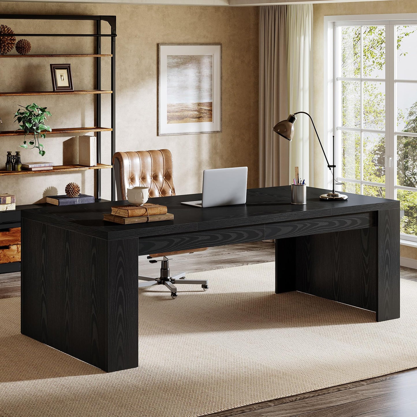 Tribesigns 70.9-Inch Executive Desk, Large Wooden Computer Office Desk with Sturdy Double Pedestal Legs, Writing Table Business Workspace Home Office Furniture for Home Office (Brown)