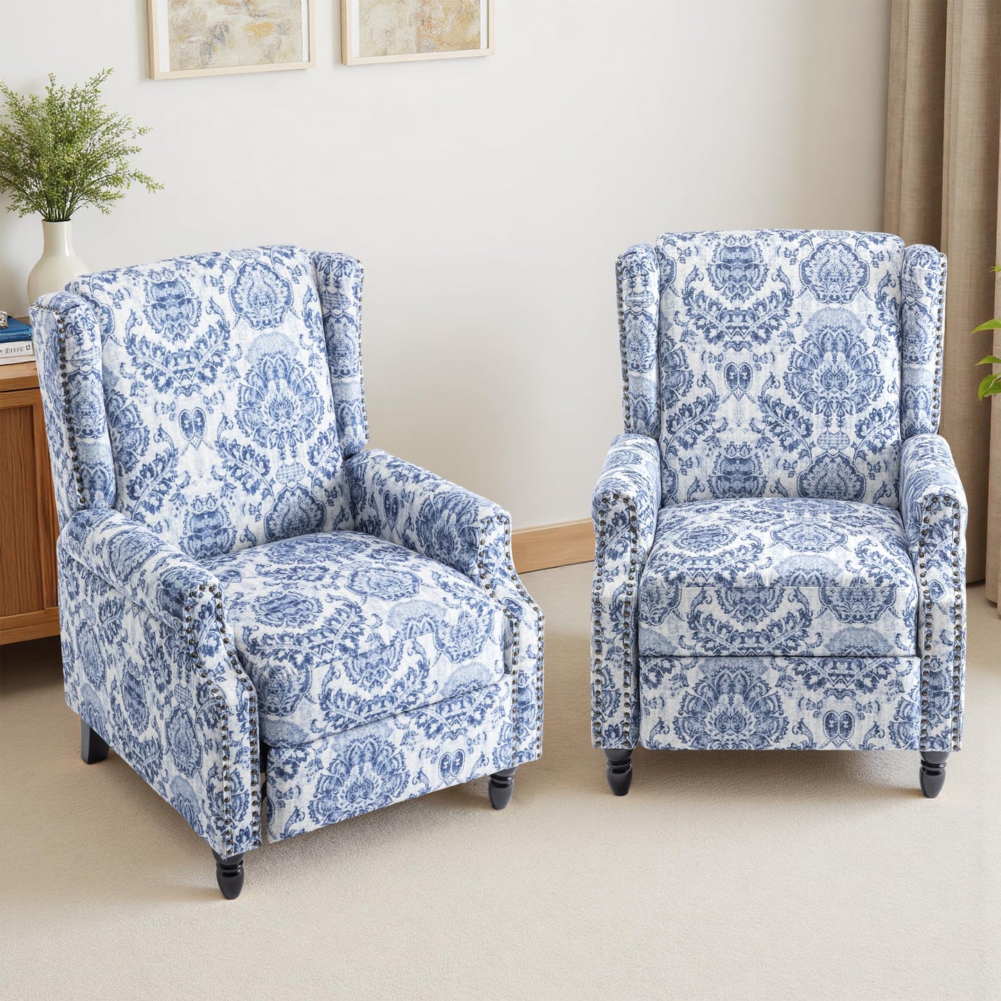 Pushback Recliner Chair, Printed Fabric Wingback Recliner Chair for Living Room, Upholstered Armchair Push Back Recliner with Wood Legs, Rivet Trim Wingback Accent Chair for Bedroom, Navy