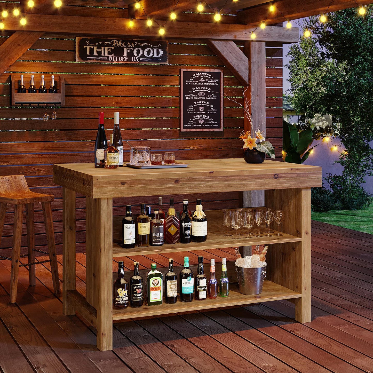 Solid Wood 55-Inch Bar Table, 3-Tier Farmhouse Home Bar Unit with Open Storage Shelves, Rectangular Counter Height Pub Dining Table for Kitchen, Dining Room, Living Room, Basement, Brown