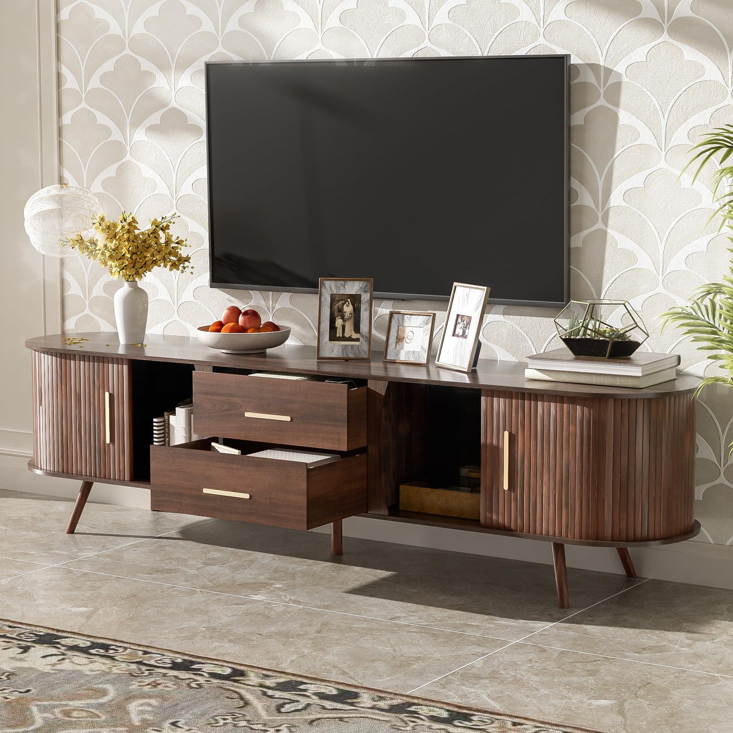 LKTART 67" Mid Century Modern TV Stand for 65/70/75/80" TVs,Entertainment Center with Sliding Doors and Drawers,Media Console for Living Room