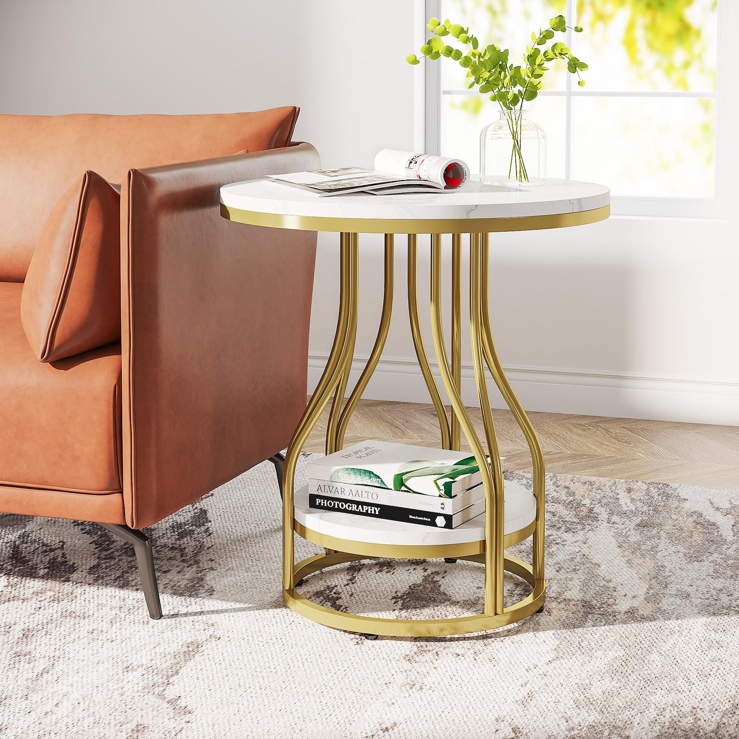 Tribesigns Round Side End Table 2-Tier End Tables Modern Bedside Table Small Chairside Tables with Storage for Couch Side, Nightstand with Metal Frame for Living Room (1, White+Gold)