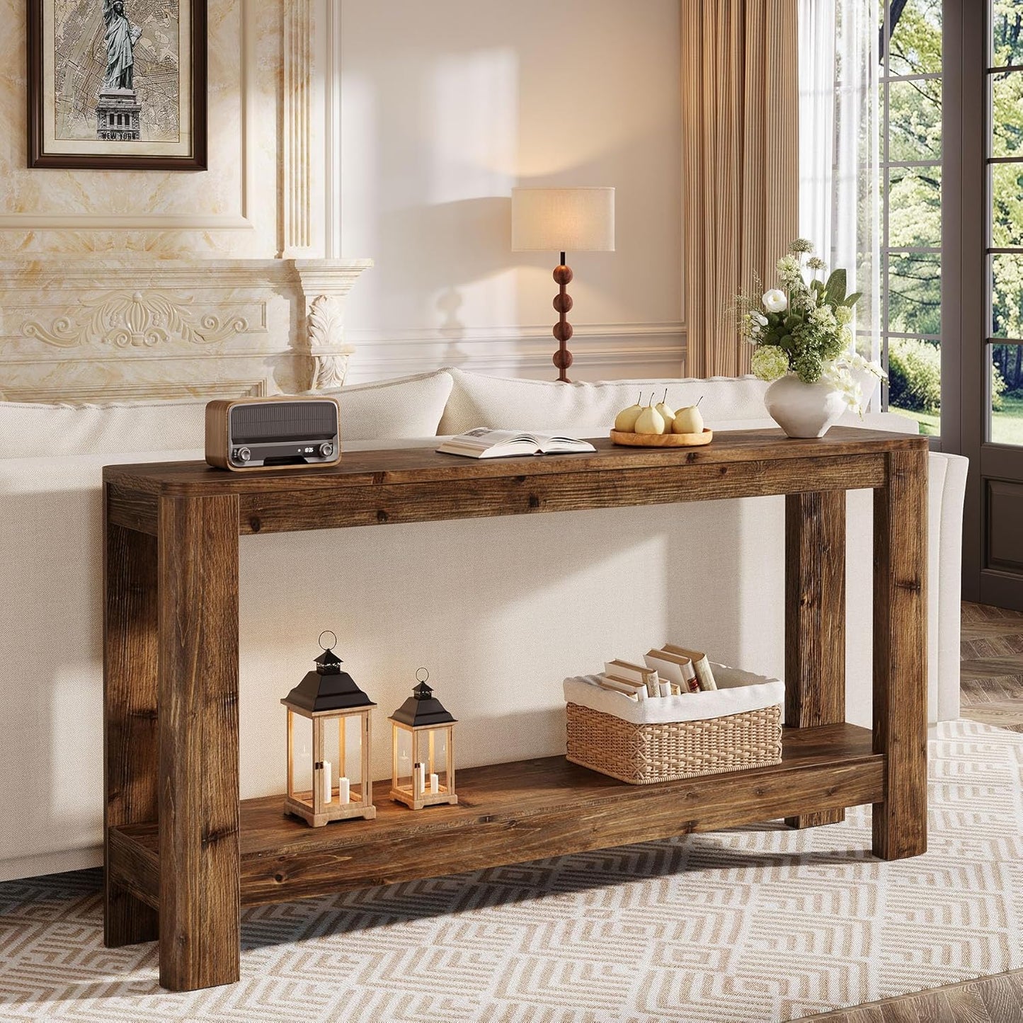 Solid Wood Console Table for Entryway, 63" Farmhouse Slim Sofa Table with 2-Tier Storage Shelf, Rustic Modern Narrow Hall Entry Furniture for Living Room, Entrance, Foyer, Hallway or Bedroom
