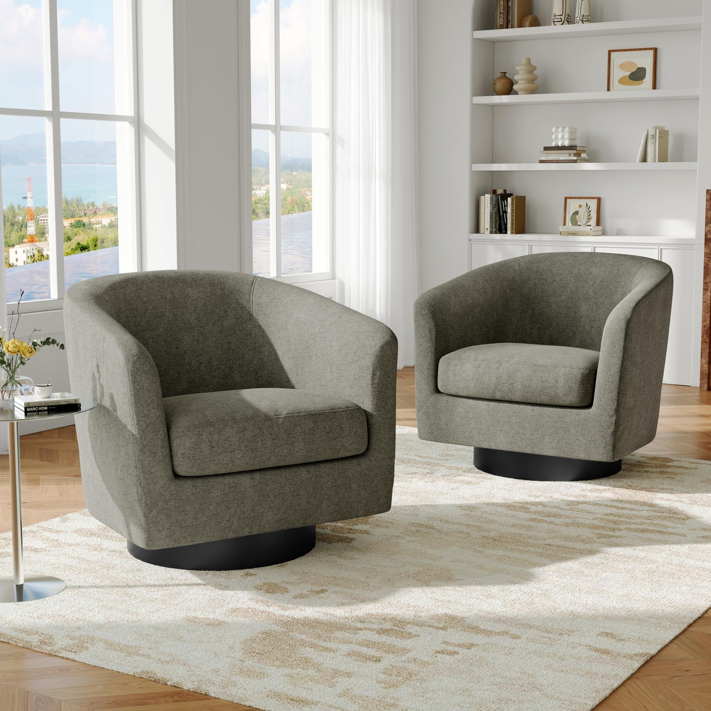 Swivel Barrel Accent Chairs Set of 2, Modern 360° Swivel Round Barrel Chair with Curve Back, Upholstered Velvet Fabric Armchair Single Sofa Club Chair for Living Room, Bedroom, Coffee