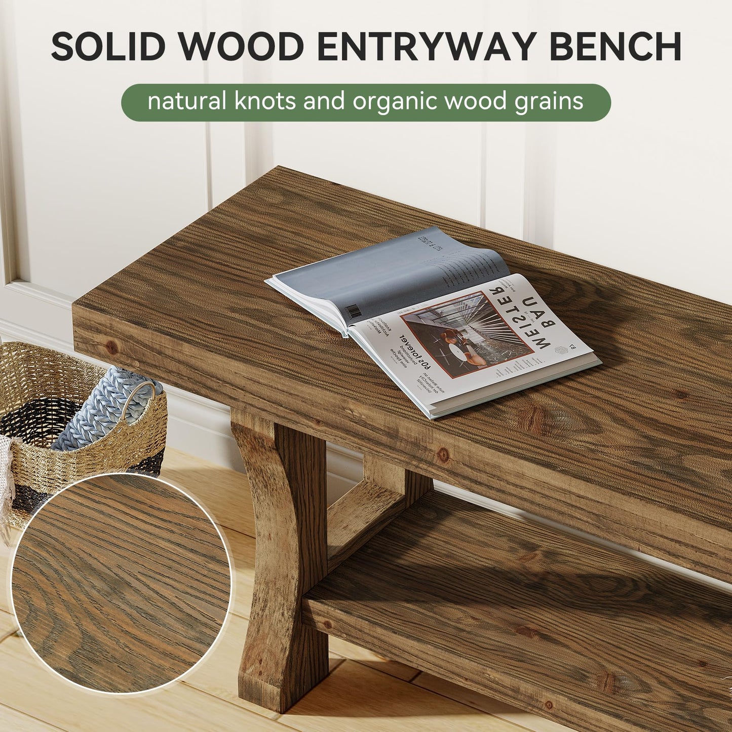 Solid Wood Entryway Bench, 55" End of Bed Bench, Long Indoor Dining Seat for Hallway, Bedroom, Living Room, Dining Room, Easy Assembly, Brown