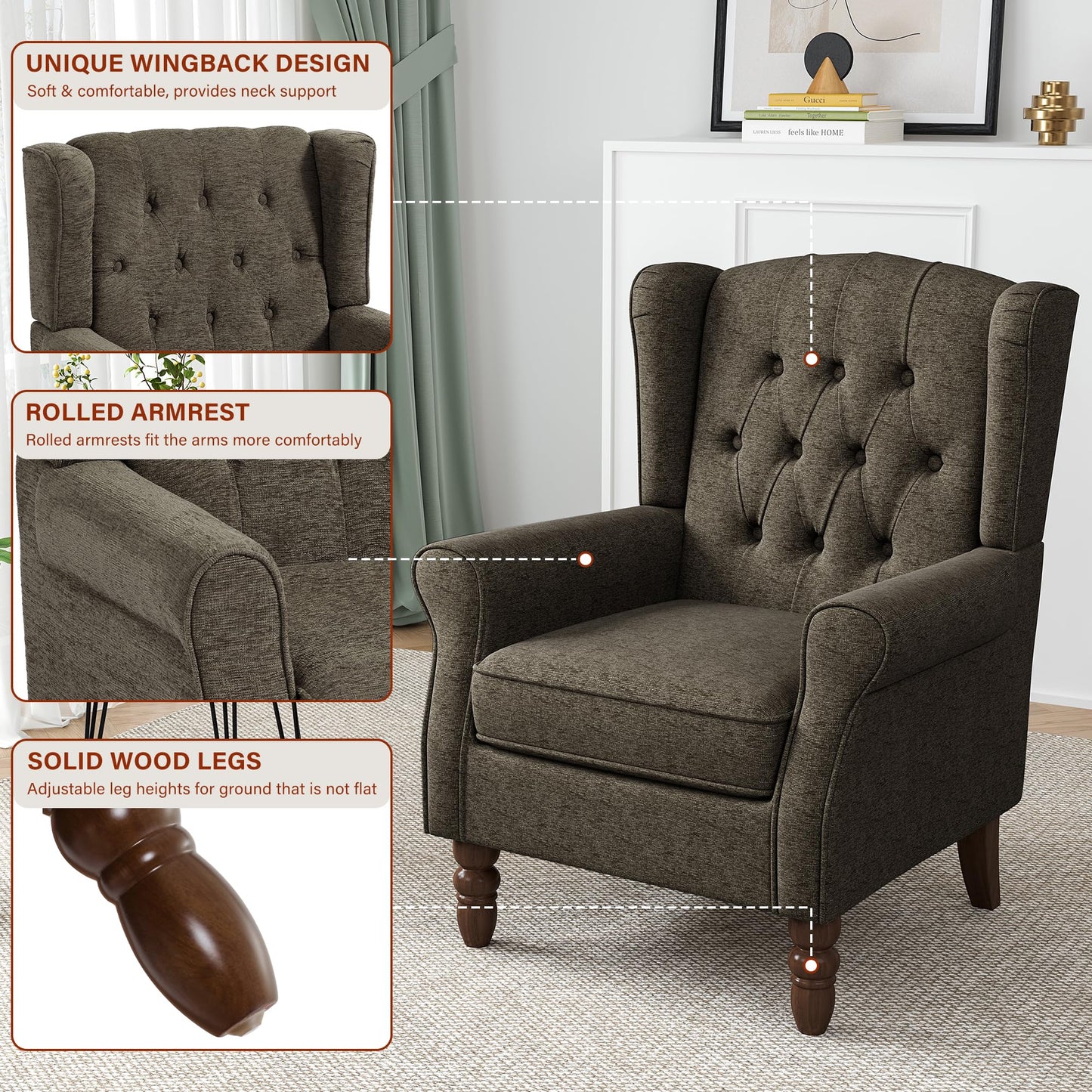 Faux Leather Wingback Chairs Set of 2, High Back Accent Chair for Living Room, Button-Tufted Upholstered Armchair with Solid Wood Legs, Comfy Reading Chair for Bedroom, Brown