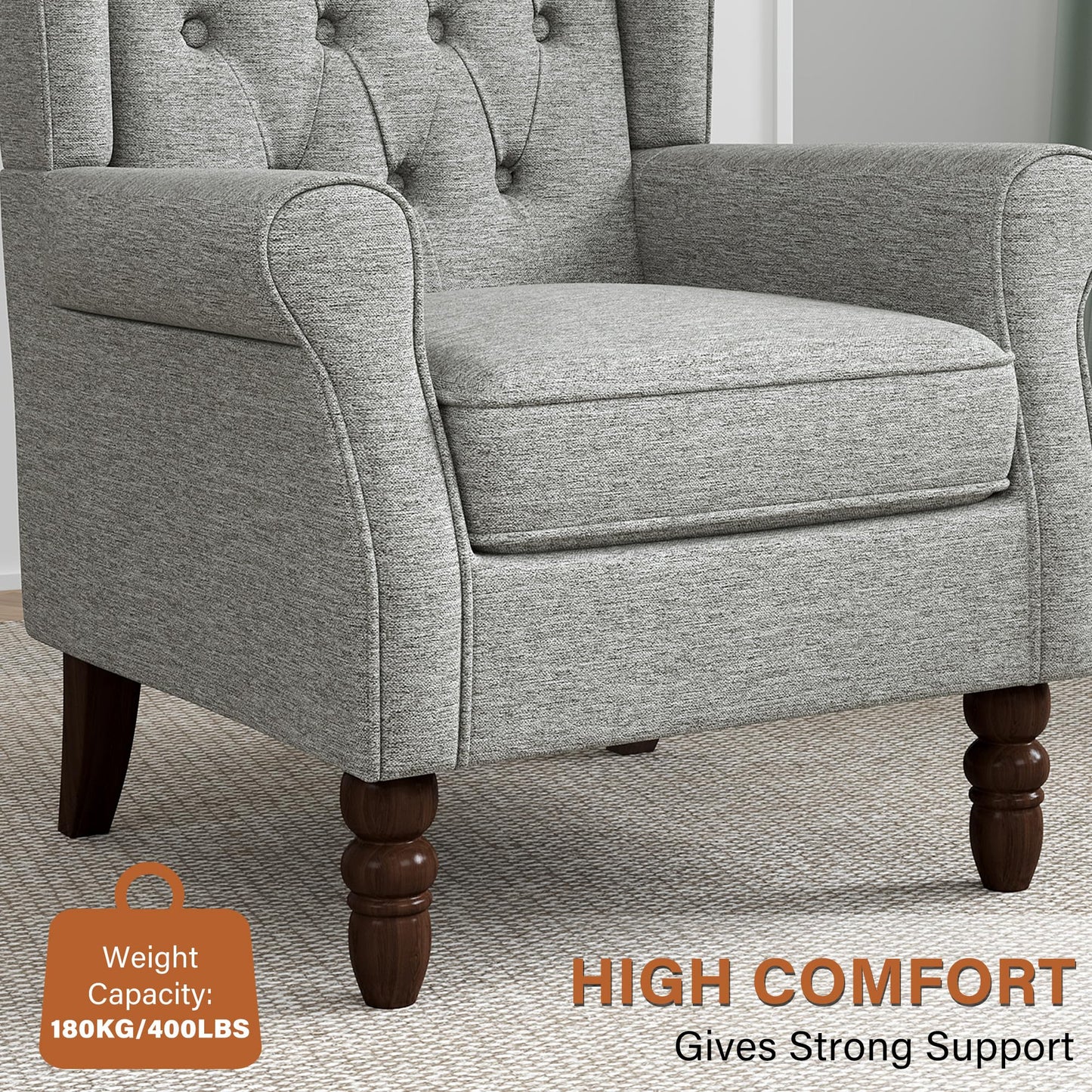 Faux Leather Wingback Chairs Set of 2, High Back Accent Chair for Living Room, Button-Tufted Upholstered Armchair with Solid Wood Legs, Comfy Reading Chair for Bedroom, Brown