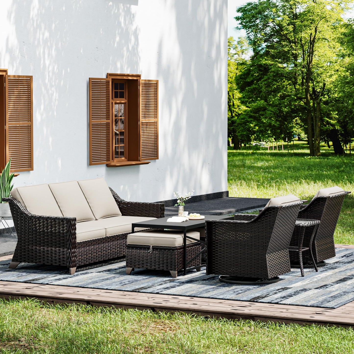Joyside Patio Sofa - 3 Seater Rattan Sofa, All Weather High Back Sofa, Upgraded Large Size with 4inch Seat Cushions for Backyard, Garden, Poolside (Brown/Blue)