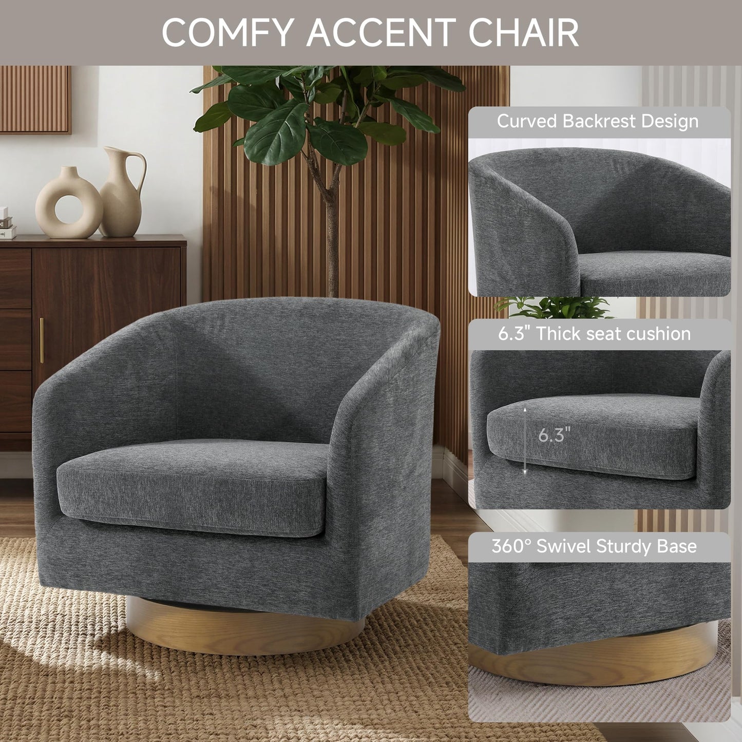 Swivel Barrel Chairs Set of 2, 31" W Modern Faux Leather Round Swivel Accent Chair for Living Room, 360° Rotation Upholstered Armchair Club Chair for Bedroom, Reading Room, Office (Brown)