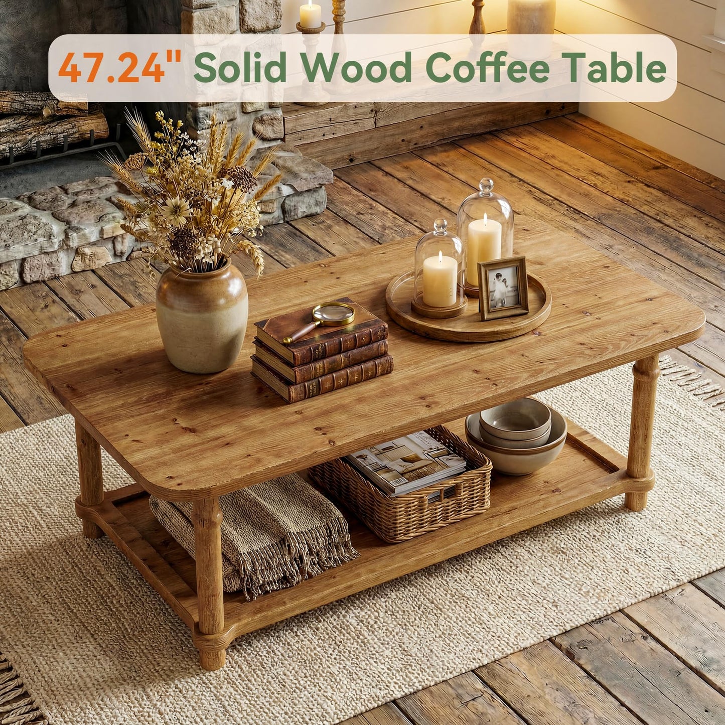 47" Rectangle Coffee Table, Solid Wood Center Table with 2-Tier Storage, Modern Farmhouse Coffee Furniture for Living Room, Home & Family Room, Light Brown