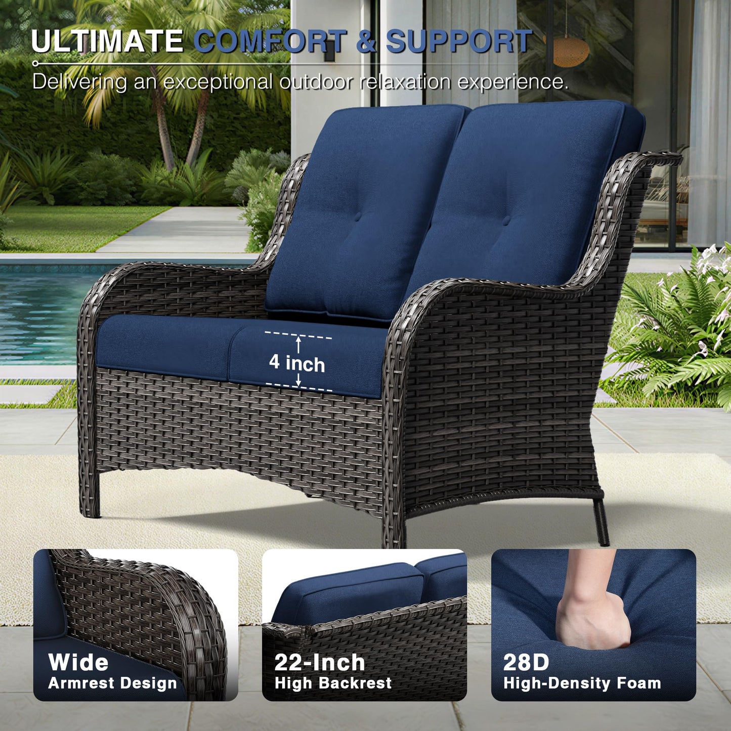 Joyside Outdoor Patio Couch,Outdoor Wicker Loveseat with High Back, Deep Seating, Wide Armrest, Thickened Cushions, Patio Loveseat for Deck, Porch Use