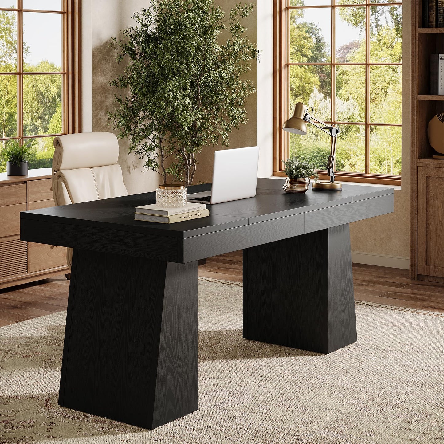 Tribesigns 55" Executive Desk, Wooden Office Desk with Double Pedestal, Modern Simple Computer Writing Table for Home Office, Light Brown