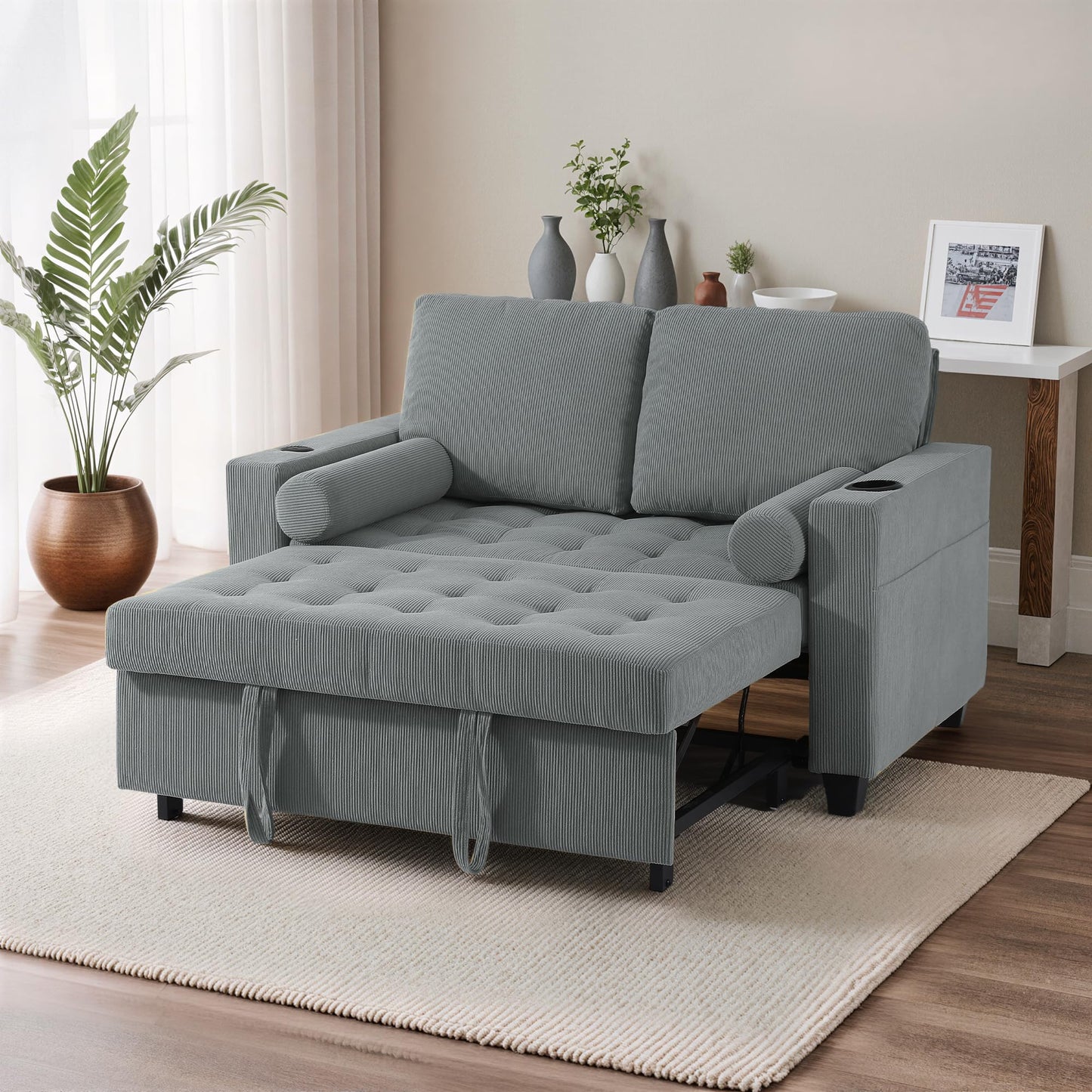 Sleeper Sofa Chair Bed, 3-in-1 Convertible Sleeper Chair with Pull Out Bed, Comfy Corduroy Sofa Bed Couch with Reclining Adjustable Backrest, USB Ports, Cup Holder, Side Pocket (Gray, 38.8")