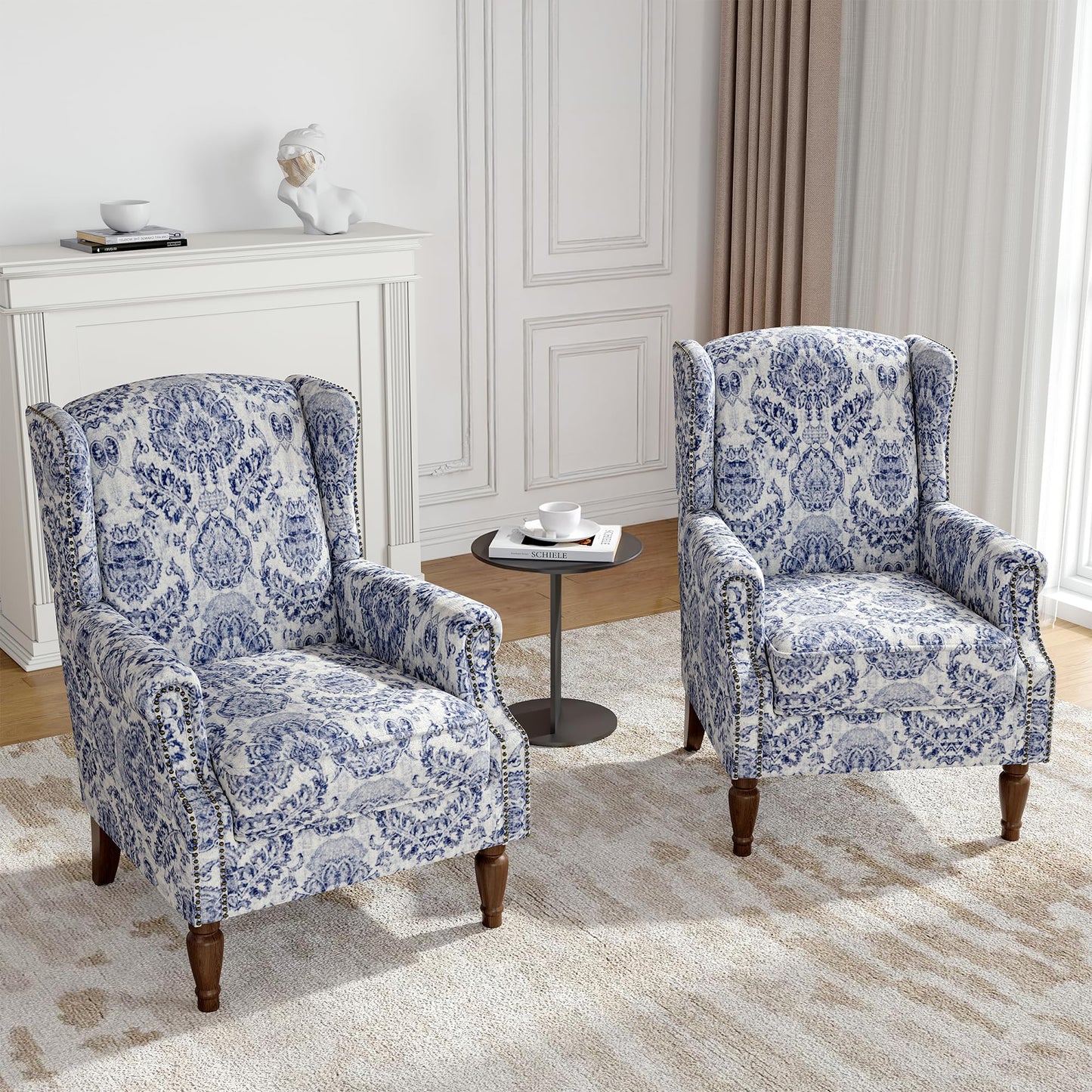 Floral Wingback Accent Chair, High Back Upholstered Armchair, Comfy Fabric Wingback Arms Chairs with Solid Wood Legs, Single Sofa Reading Chair for Bedroom Living Room, Beige