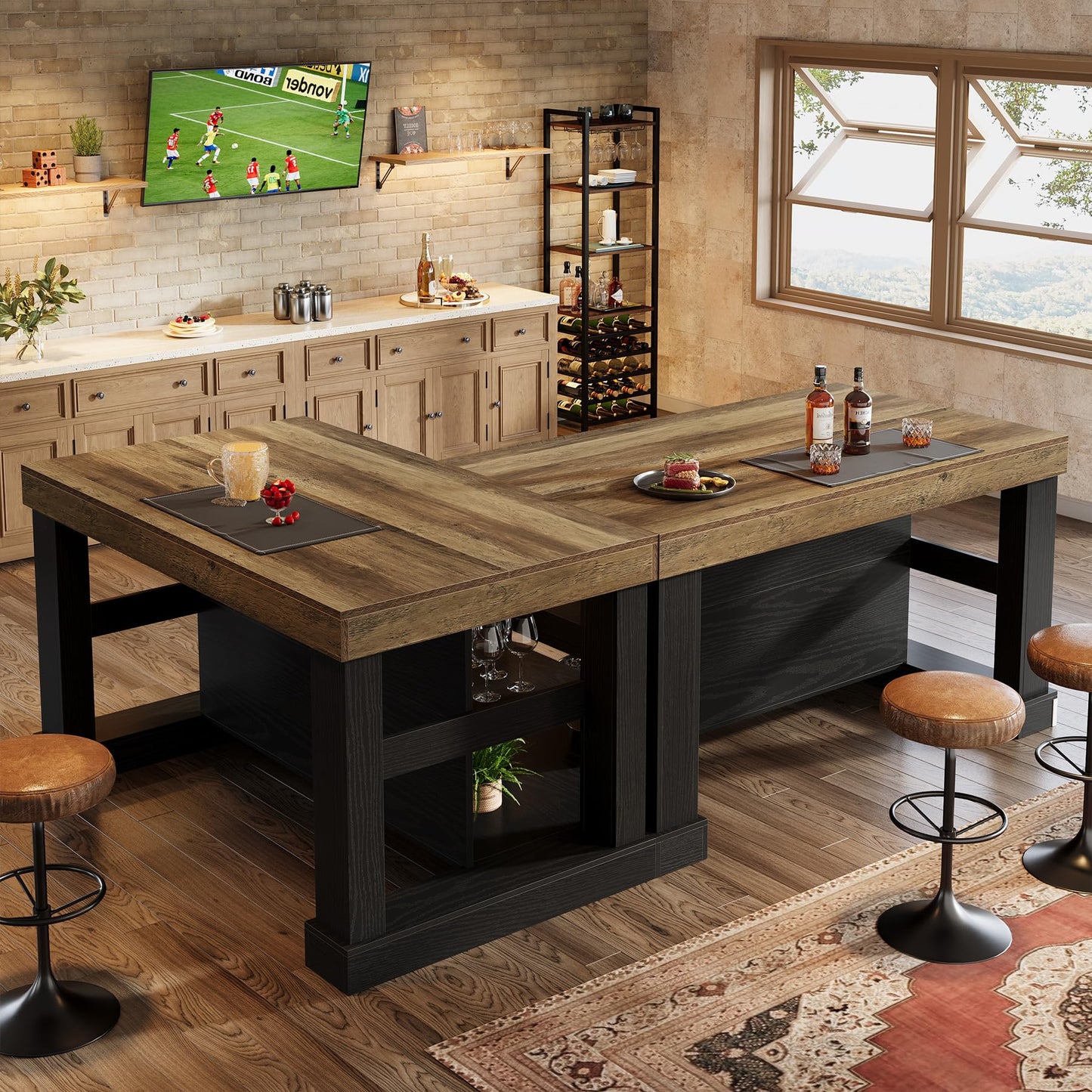 Tribesigns 55" Kitchen Island with Seating and Storage, 3-Tier Farmhouse Wood Stationary Island Table with Large Worktop & Leg Room, Coffee Bar Table with Storage Shelves for Kitchen, White and Brown