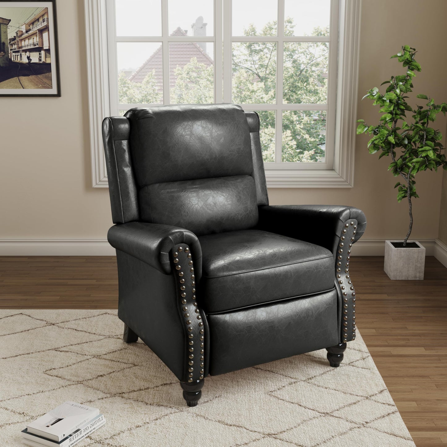 Pushback Recliner Chairs Set of 2, Comfy Fabric Wingback Recliner Chair, Upholstered Armchair Push Back Recliner with Wood Legs, Rivet Trim Accent Chair for Living Room, Bedroom, Blue Stripe