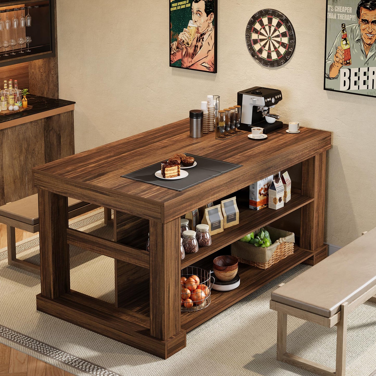 Tribesigns 55" Kitchen Island with Seating and Storage, 3-Tier Farmhouse Wood Stationary Island Table with Large Worktop & Leg Room, Coffee Bar Table with Storage Shelves for Kitchen, White and Brown
