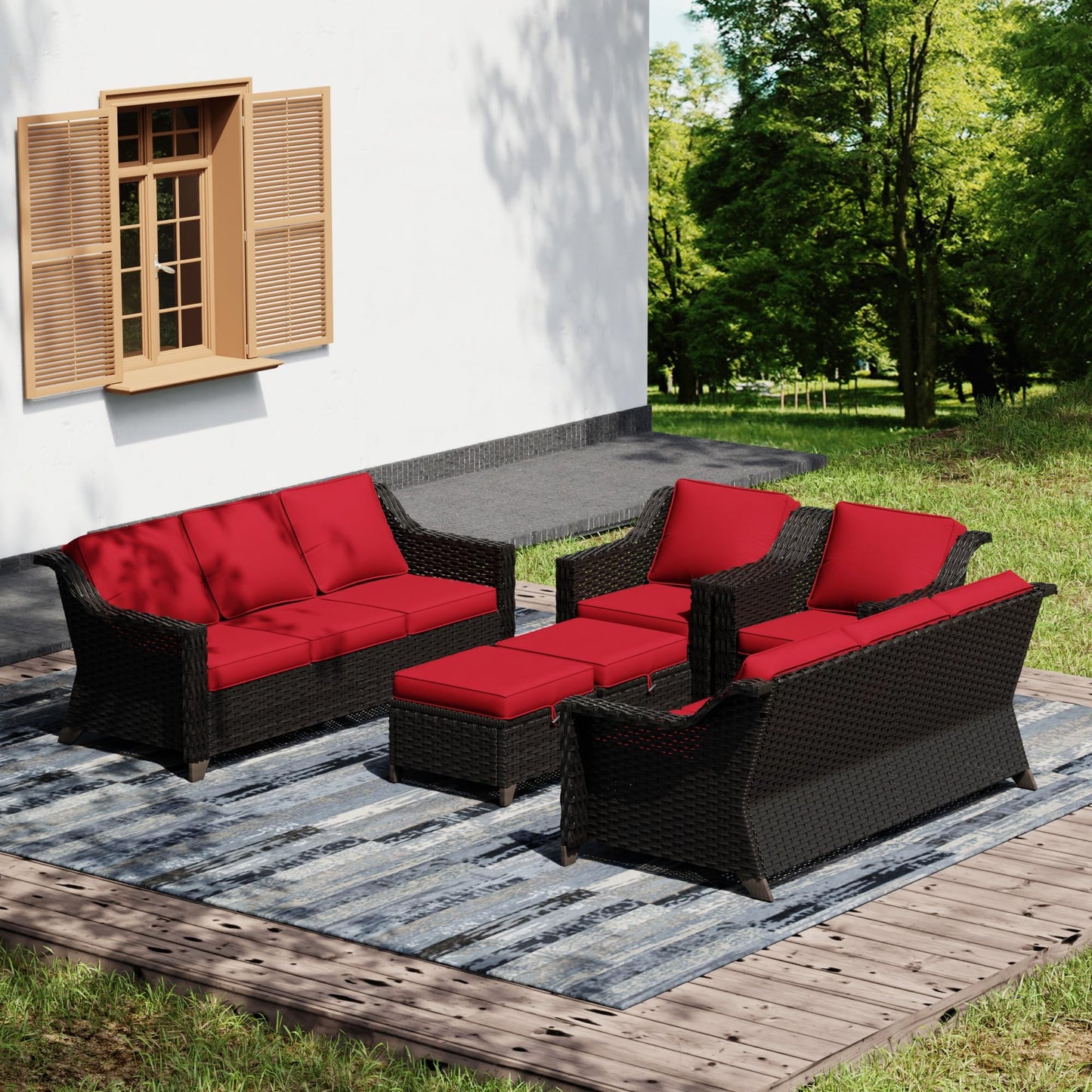 Joyside Patio Sofa - 3 Seater Rattan Sofa, All Weather High Back Sofa, Upgraded Large Size with 4inch Seat Cushions for Backyard, Garden, Poolside (Brown/Blue)