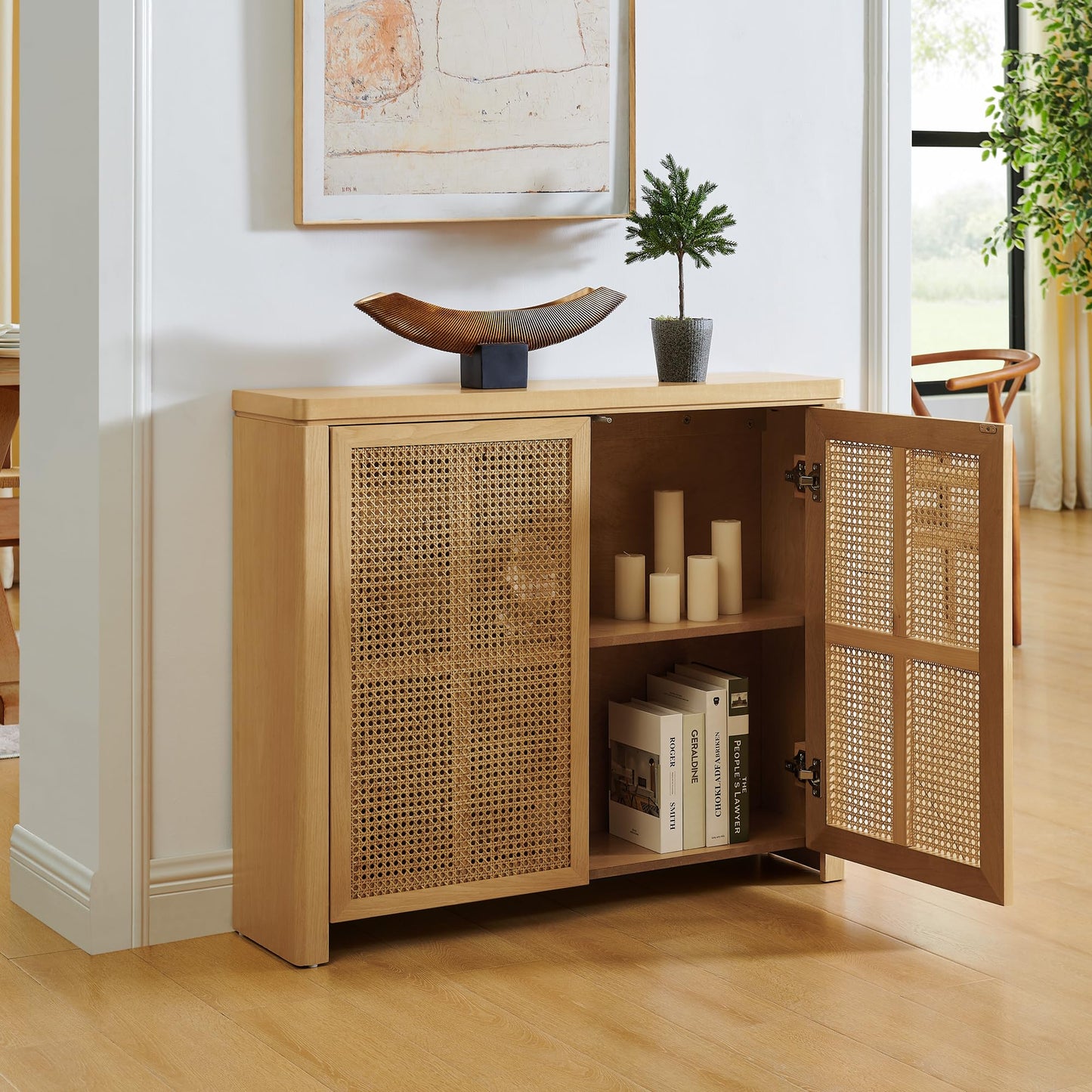 LKTART 63" Rattan Sideboard Buffet Cabinet,Kitchen Storage Cabinet,Wood Coffee Bars with 4 Doors & Open Storage Shelves,Mid Century Modern Credenza Console Table for Living Room,Walnut