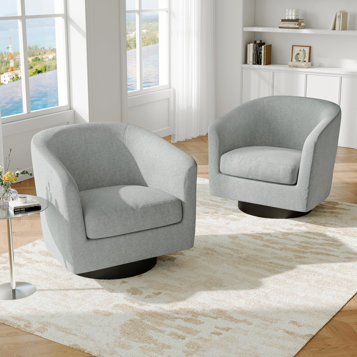 Swivel Barrel Accent Chairs Set of 2, Modern 360° Swivel Round Barrel Chair with Curve Back, Upholstered Velvet Fabric Armchair Single Sofa Club Chair for Living Room, Bedroom, Coffee