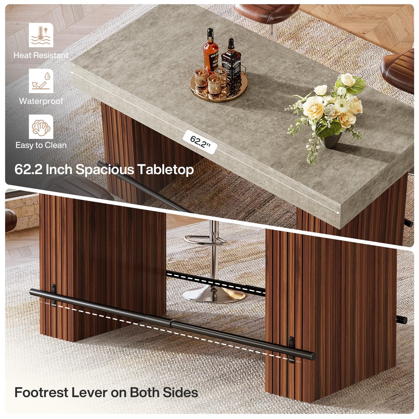 Tribesigns 62.2 Inch Bar Table, Industrial Counter Height Pub Dining Table, Rectangular Home Bar Units with Metal Footrest for Home Kitchen, Dining Room, Bistro, Brown and Dark Grey
