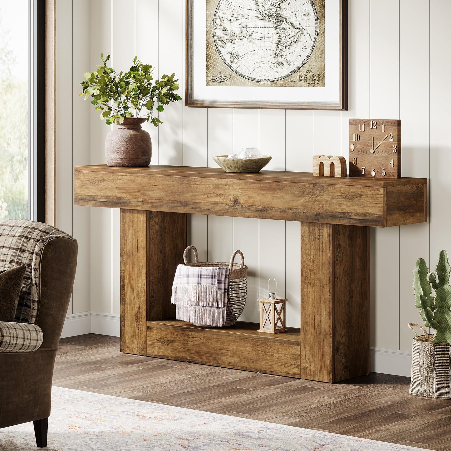 Tribesigns 63" Console Table, Farmhouse 2-Tier Entryway Table with U-Shaped Base, Narrow Long Wood Sofa Table Behind Couch Table for Living Room, Hallway, Foyer, Vintage Brown & Gray | Farmhouse