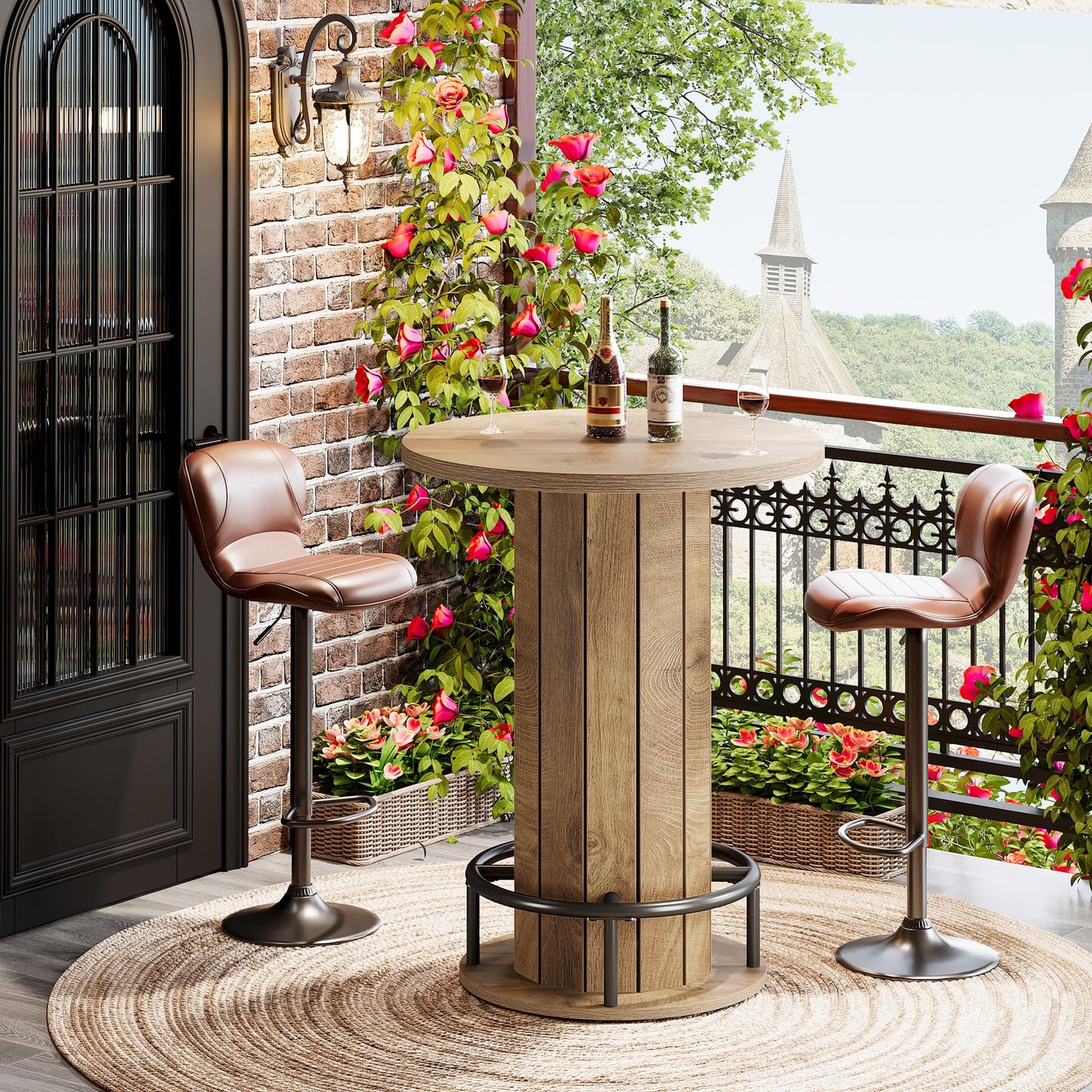 Tribesigns Round Bar Table, 39.4" H Wood Bistro Pub Table with Metal Ring Footrest for Dining Coffee Cocktail Living Room, Small Space, Black (Only Table)